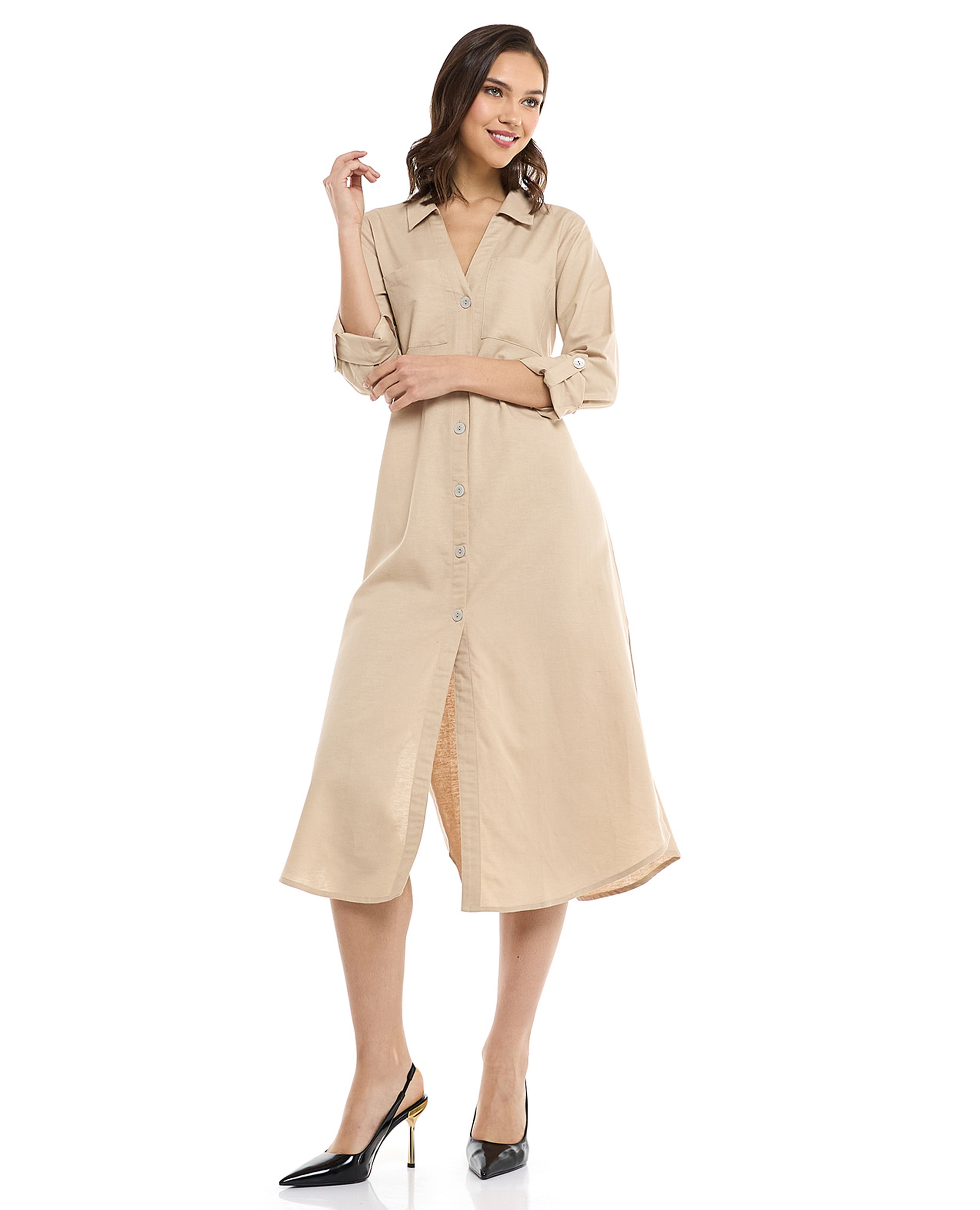 Solid Shirt Dress with 3/4 Sleeves