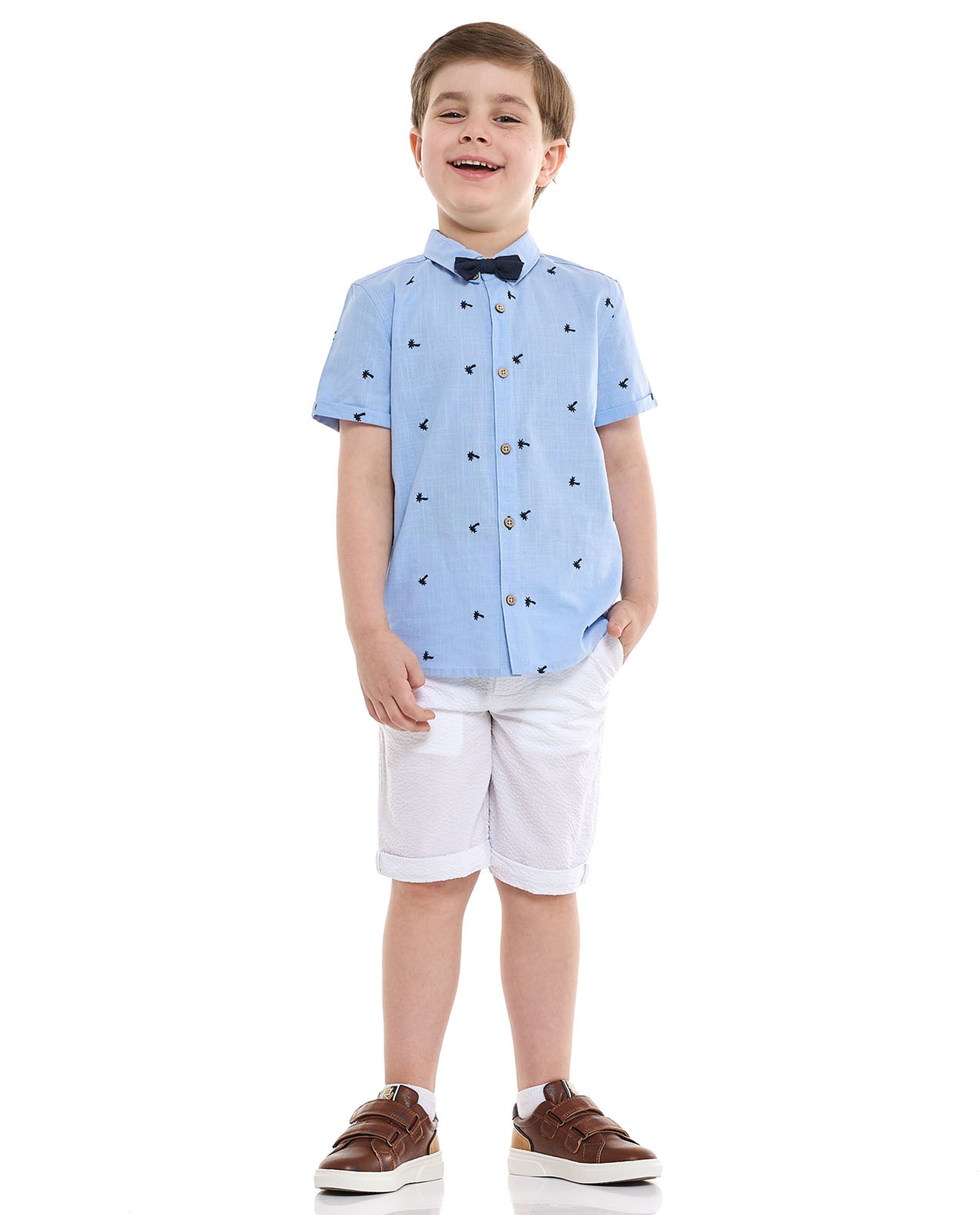 Embroidered Shirt and Shorts Set with Suspenders