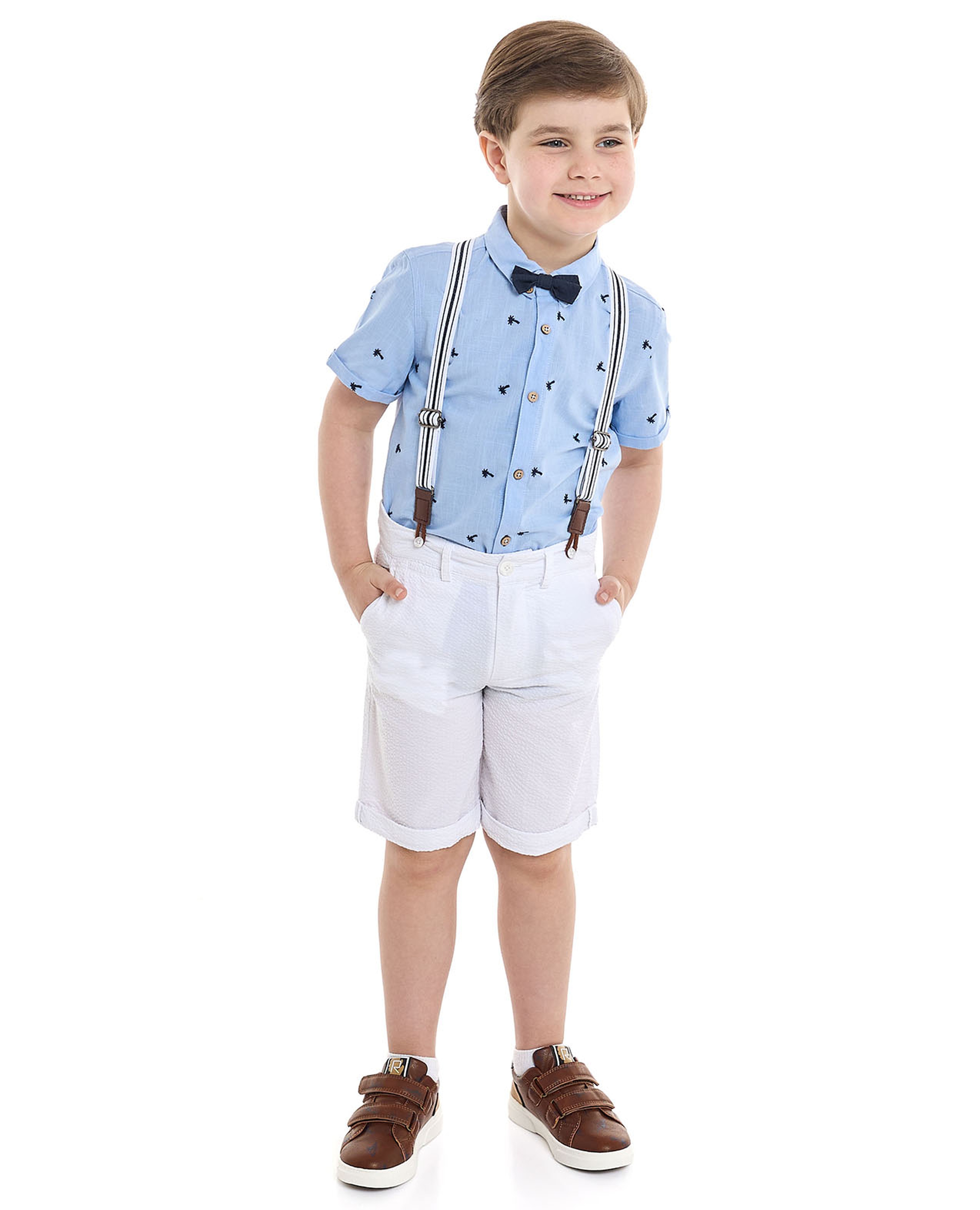 Embroidered Shirt and Shorts Set with Suspenders