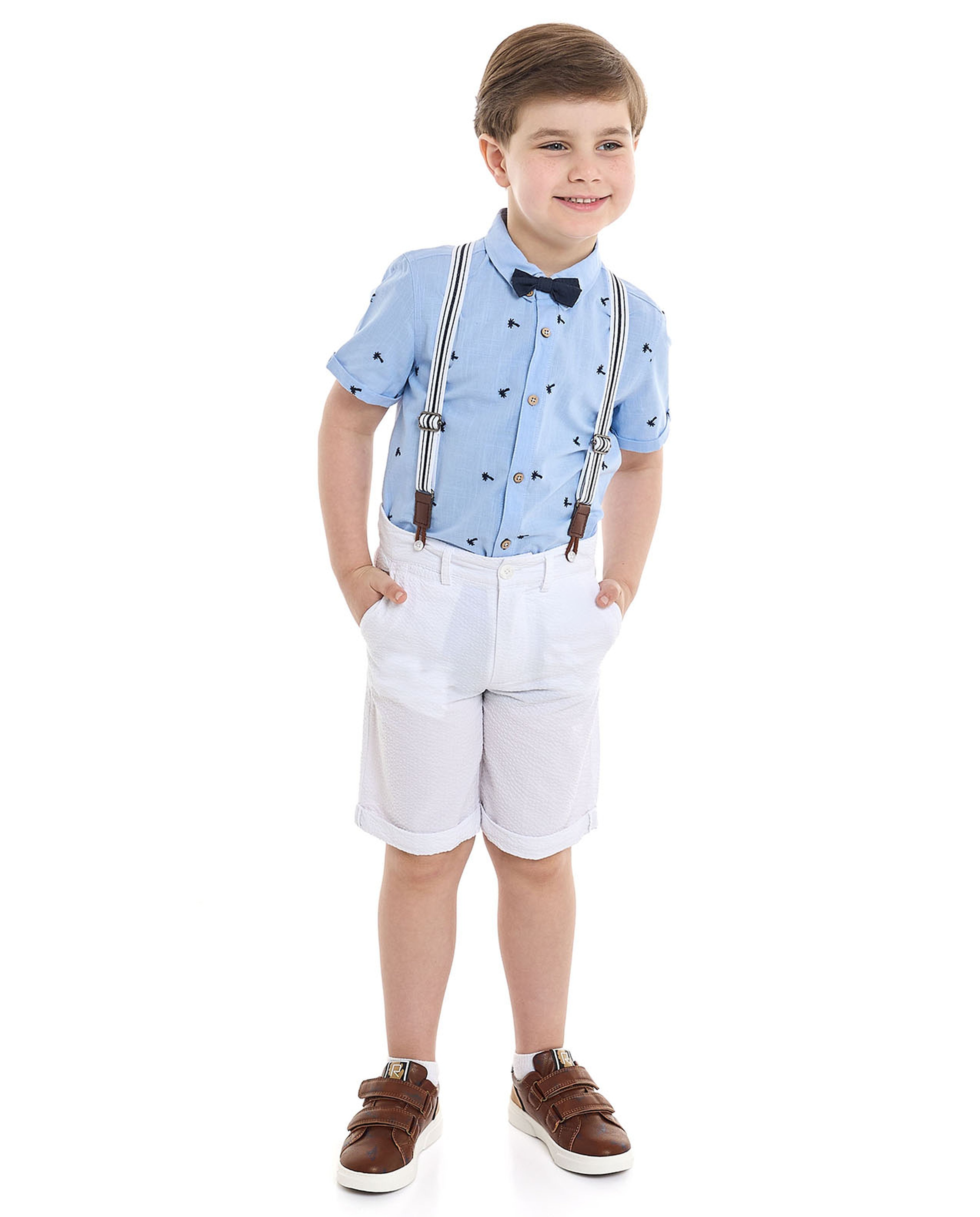 Embroidered Shirt and Shorts Set with Suspenders