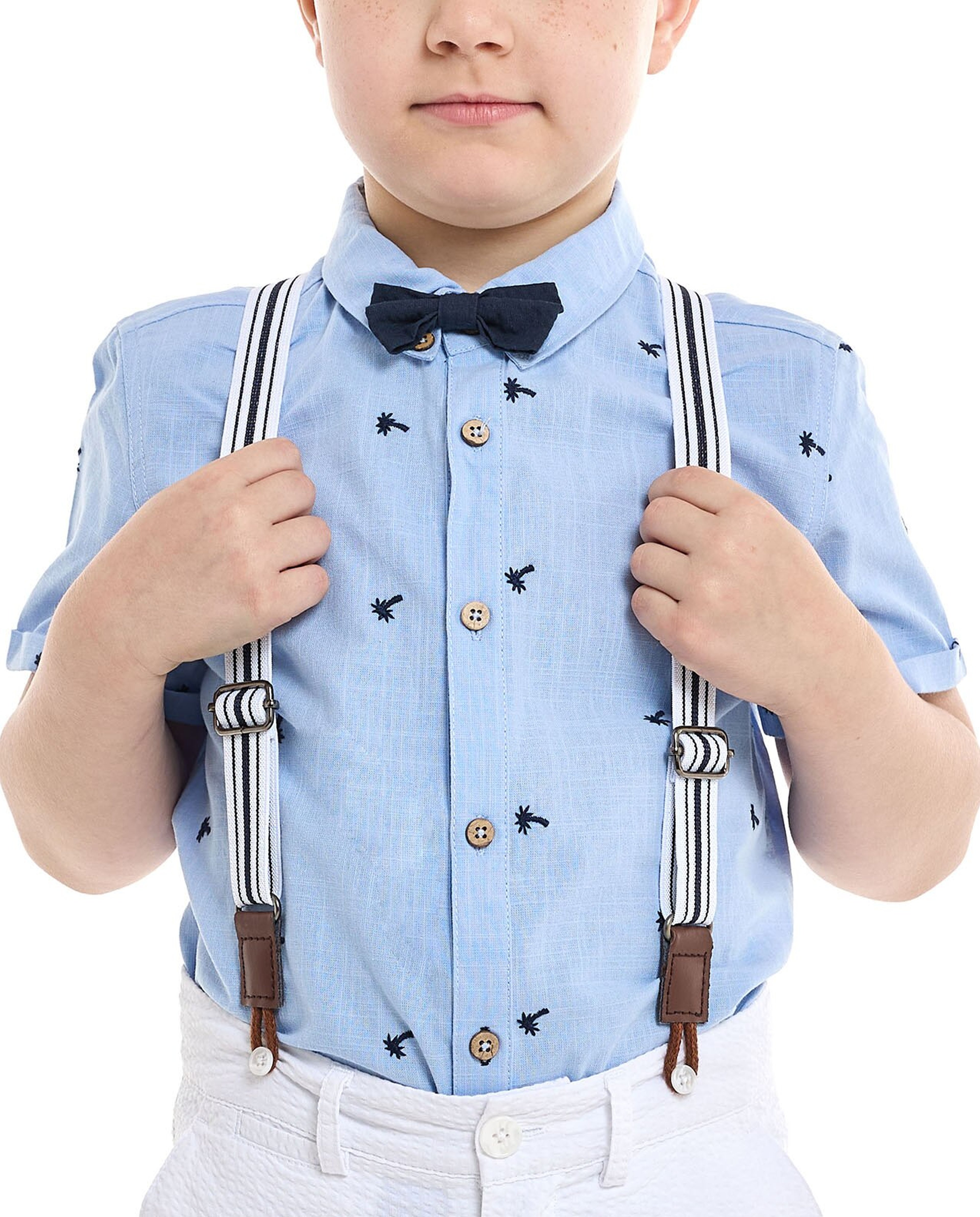 Embroidered Shirt and Shorts Set with Suspenders