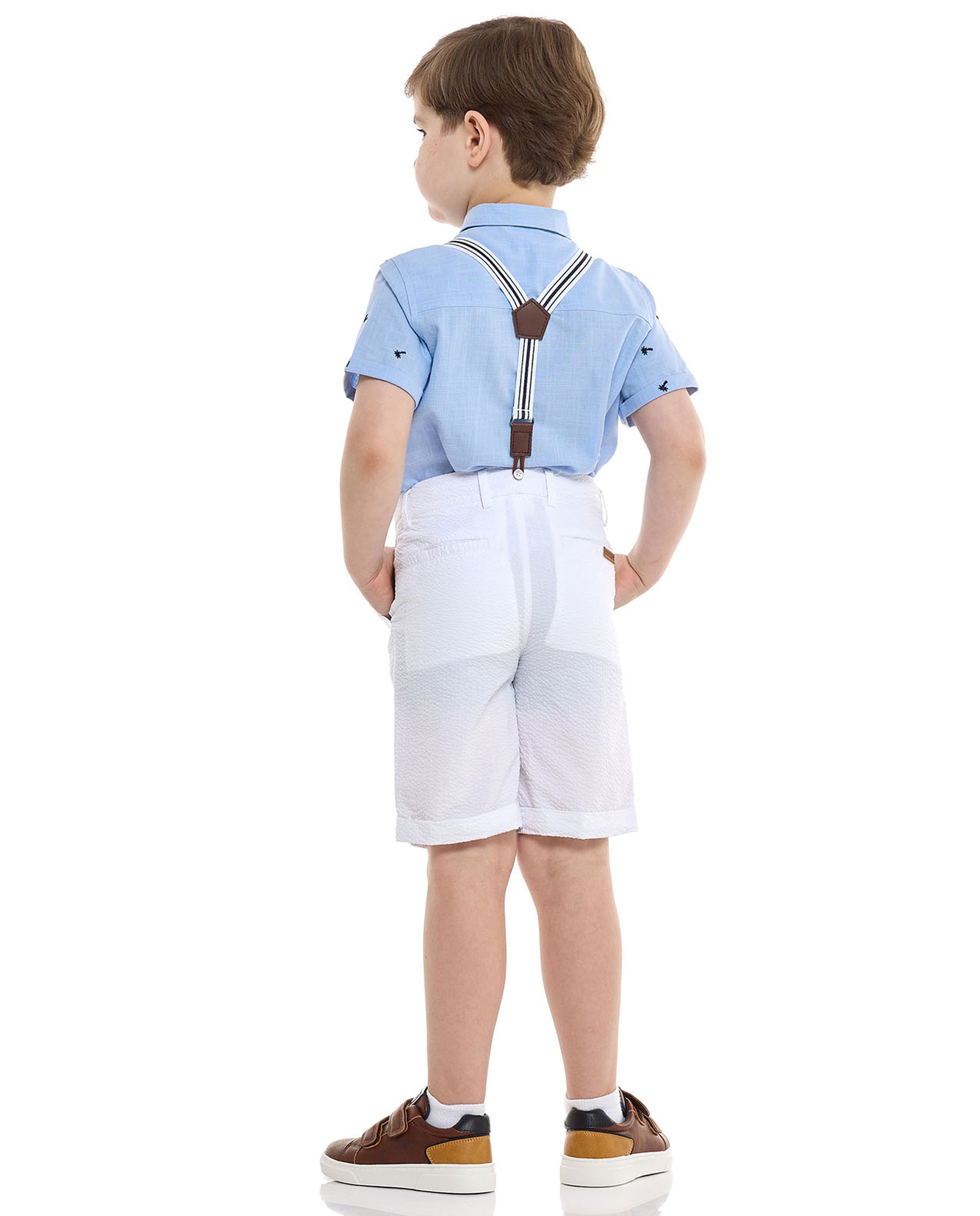 Embroidered Shirt and Shorts Set with Suspenders