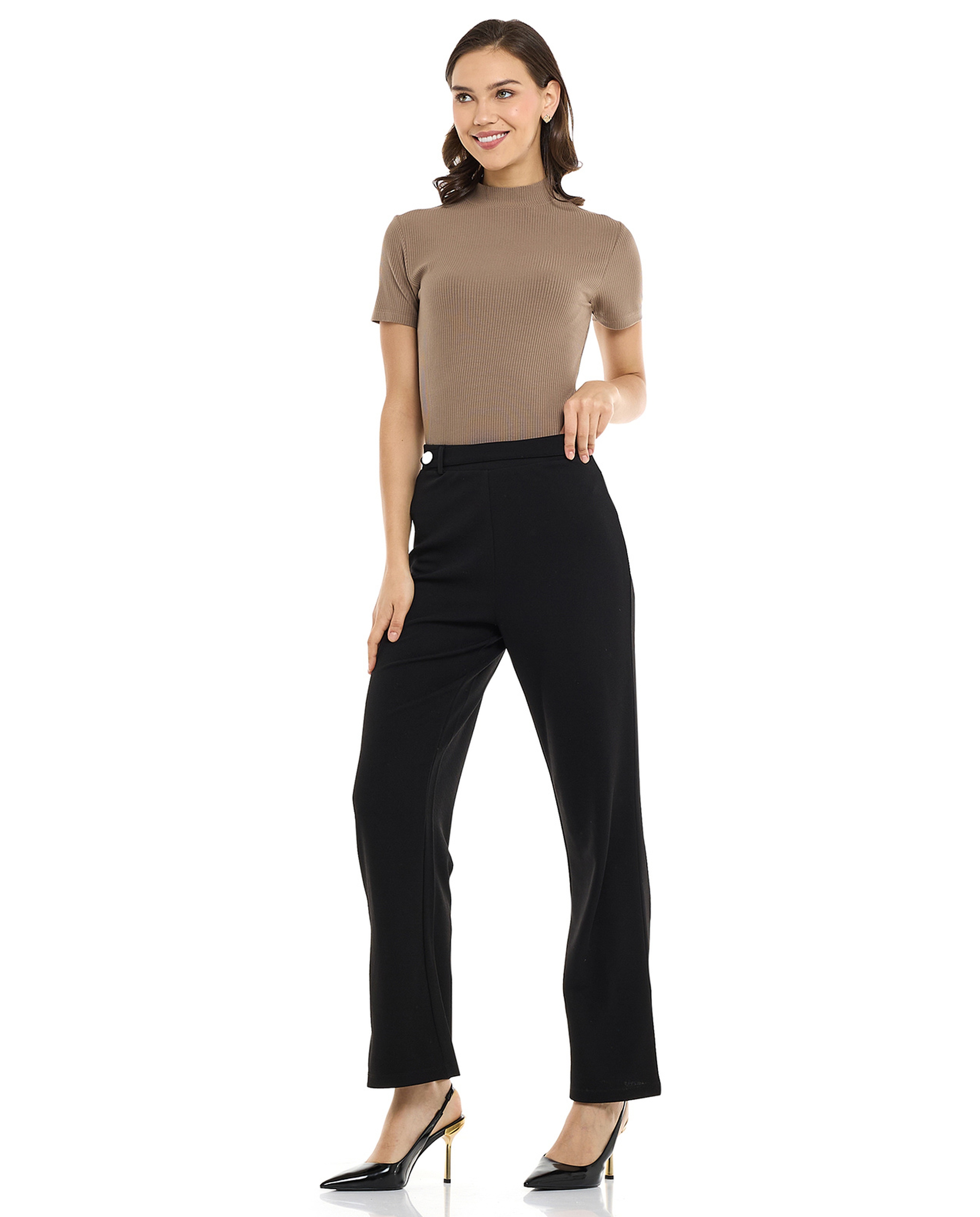 Solid Straight Fit Pants with Elastic Waist