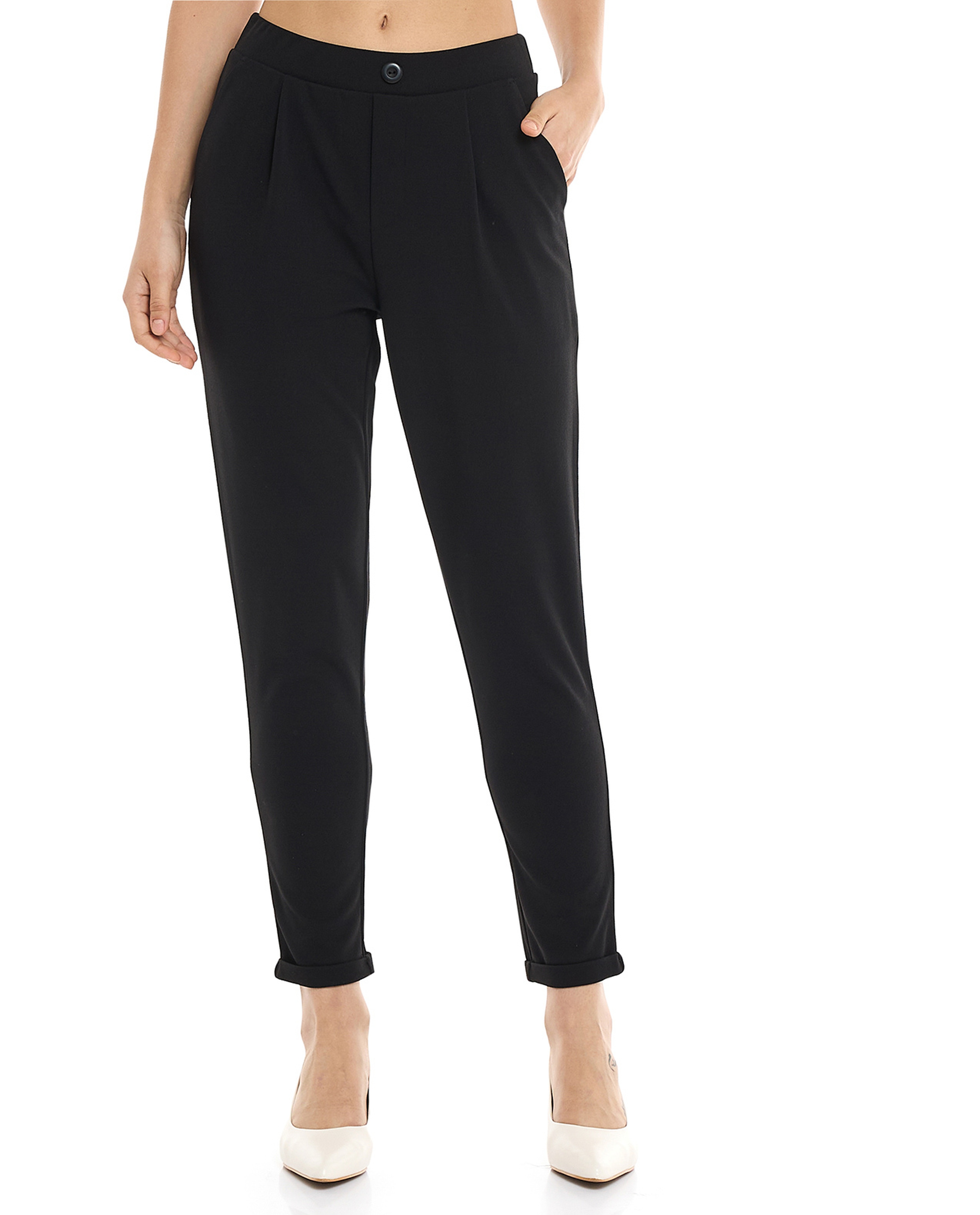 Solid Tapered Fit Pants with Elastic Waist
