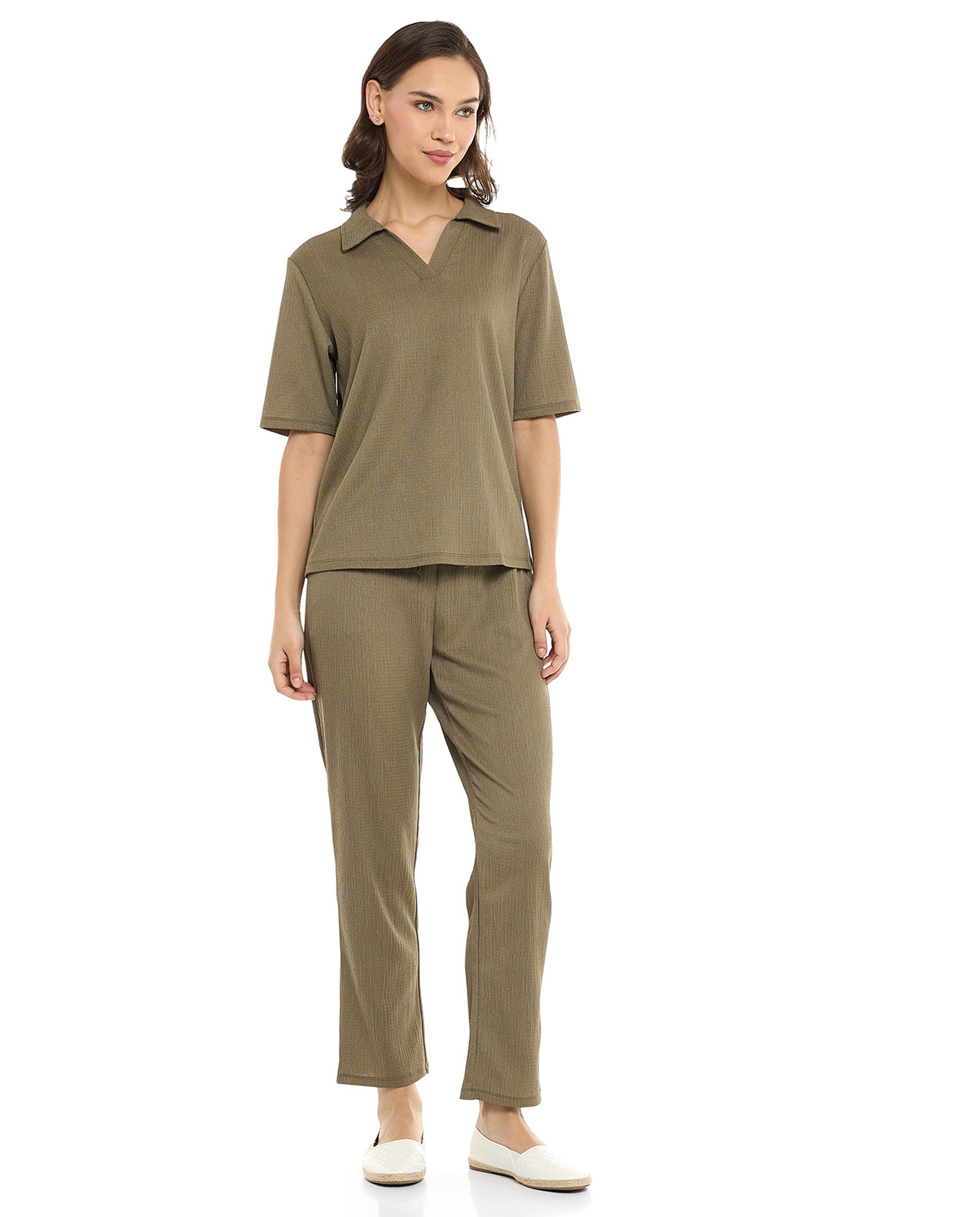 Textured Collared Top with Short Sleeves