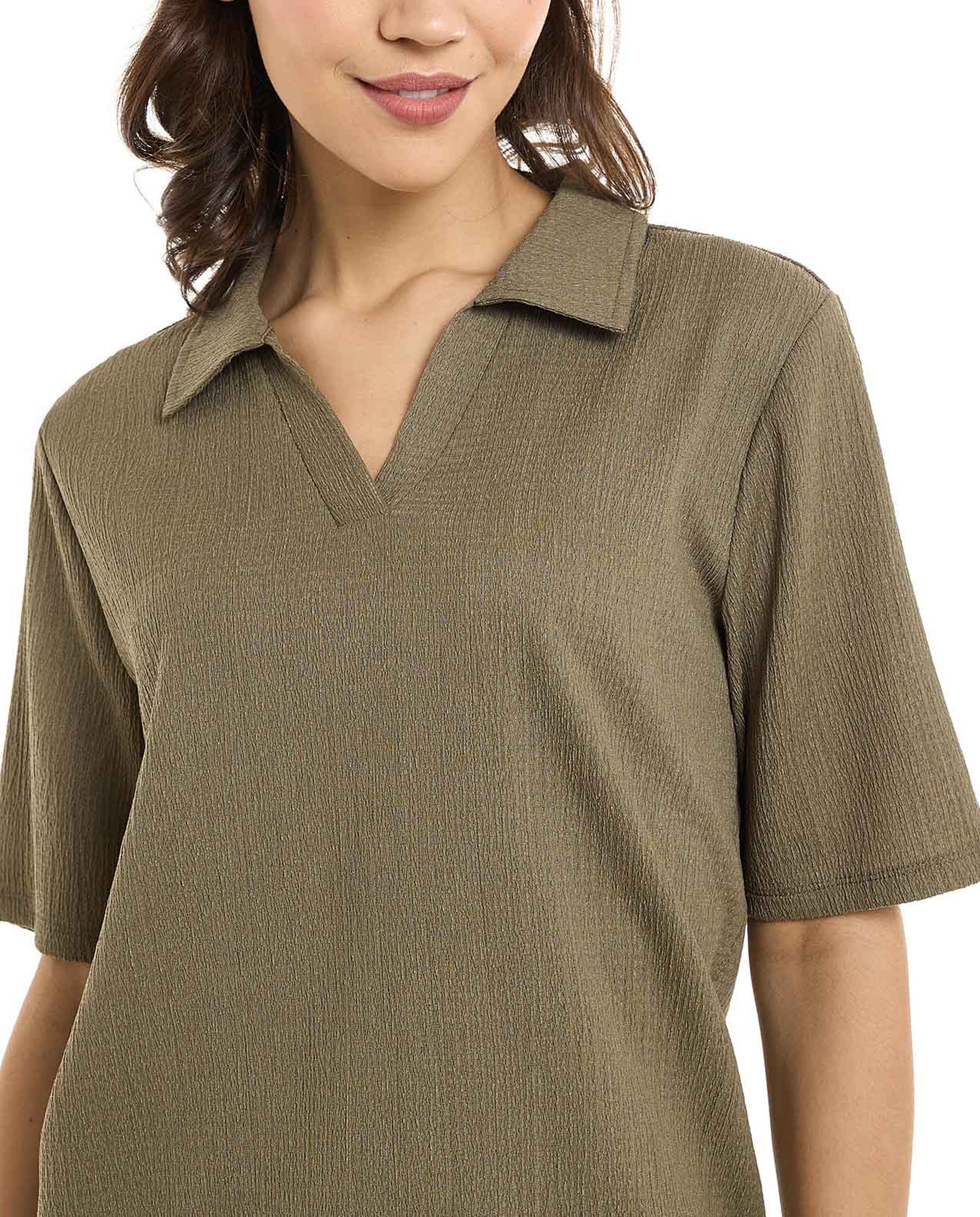 Textured Collared Top with Short Sleeves
