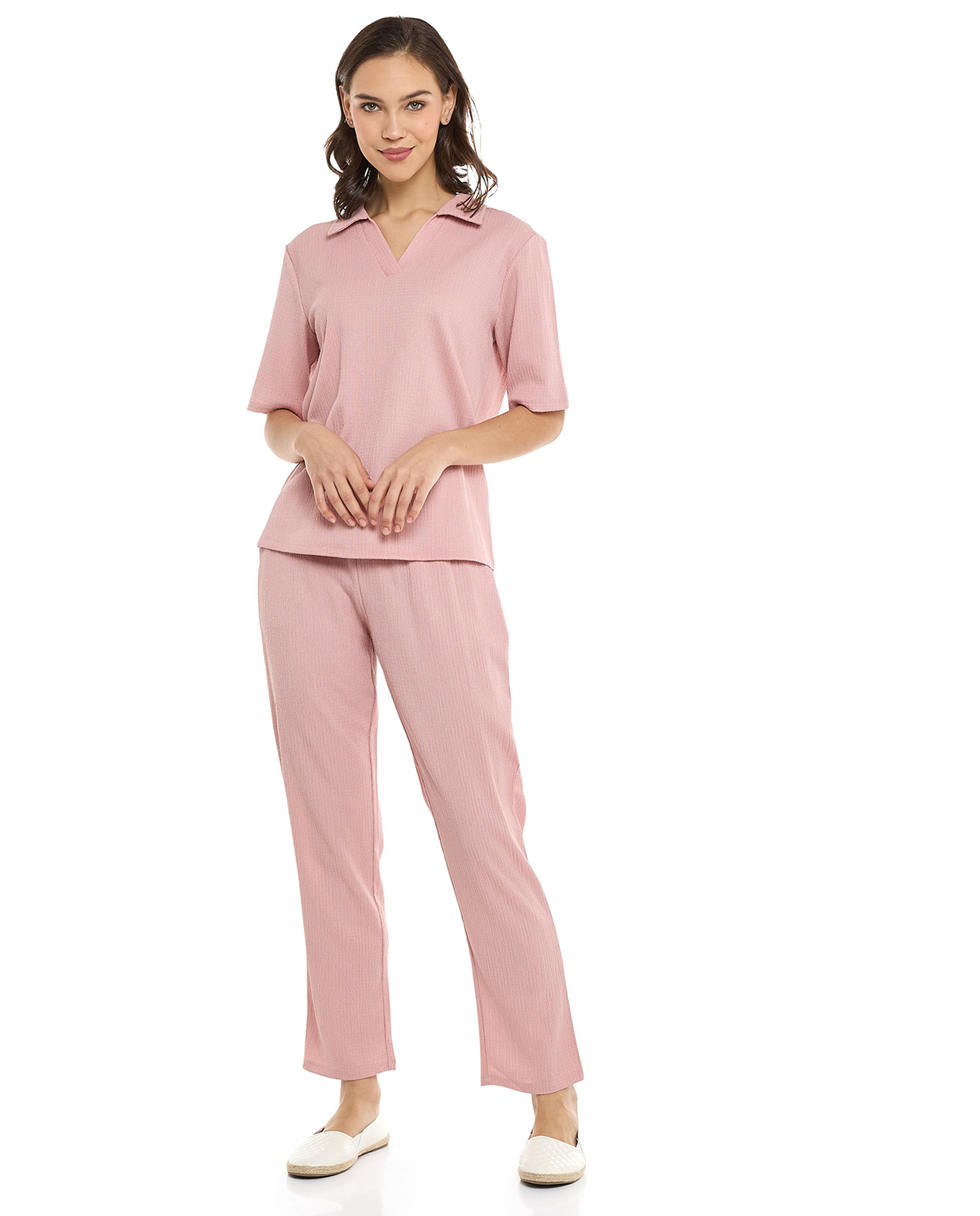 Textured Collared Top with Short Sleeves