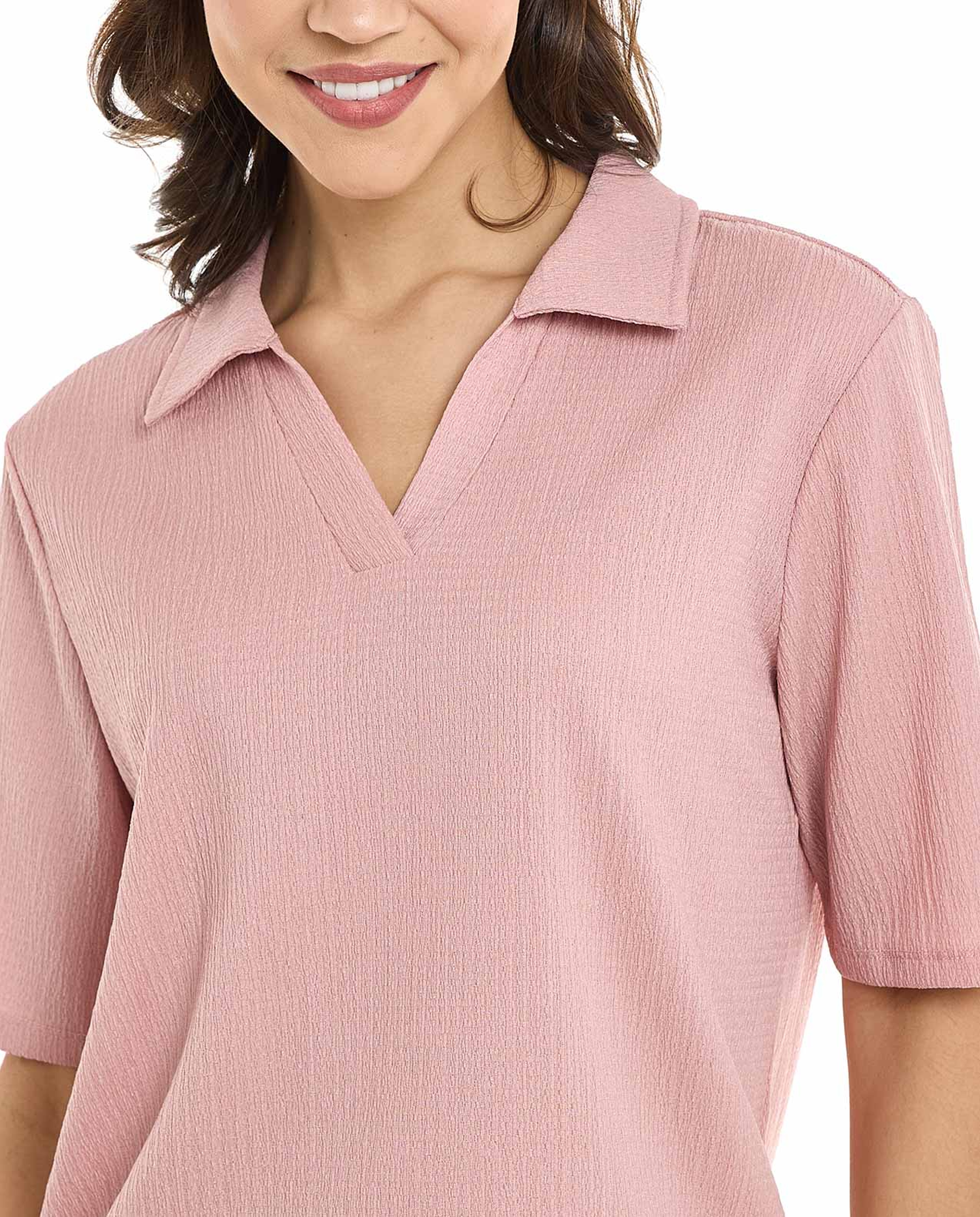 Textured Collared Top with Short Sleeves