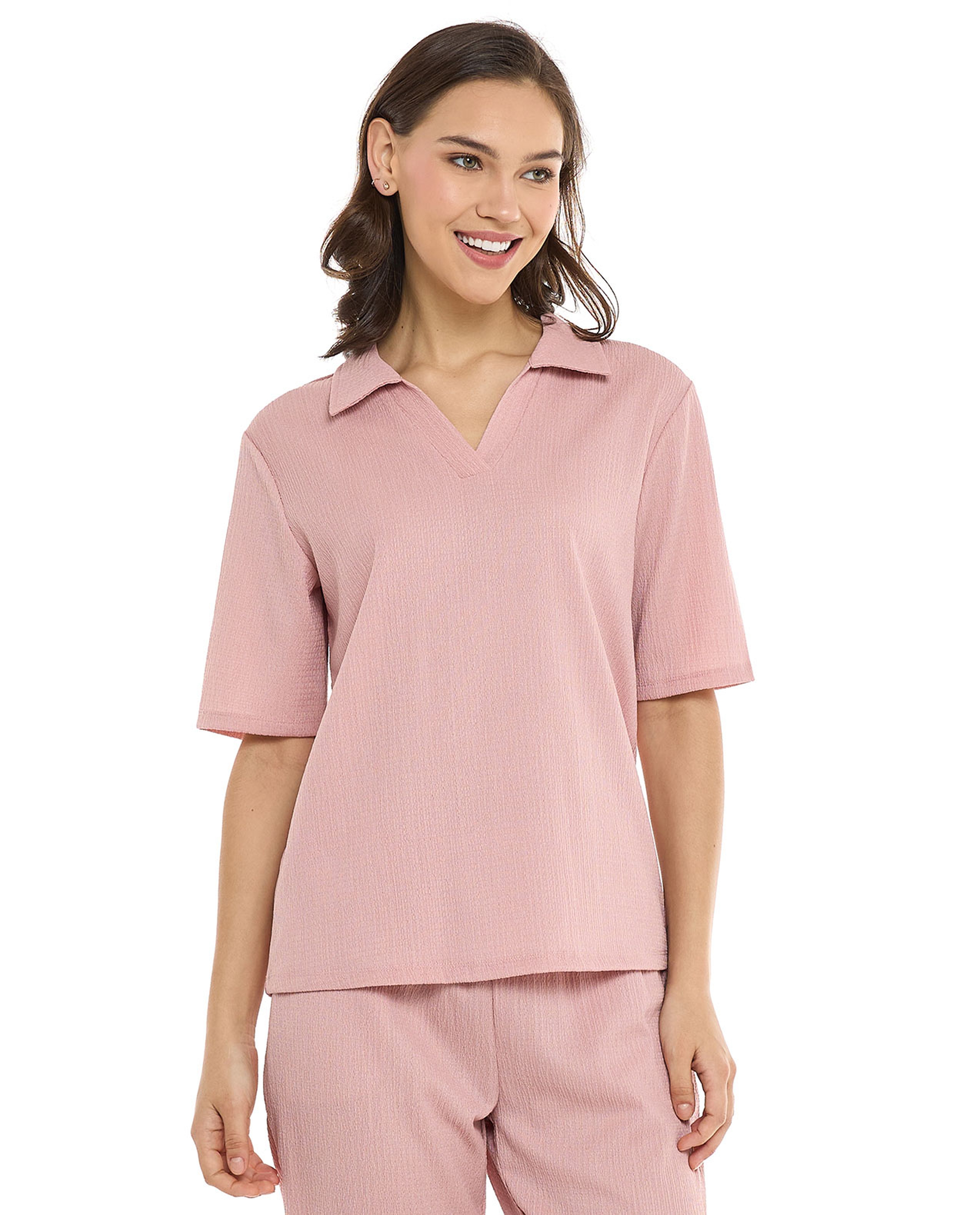 Textured Collared Top with Short Sleeves
