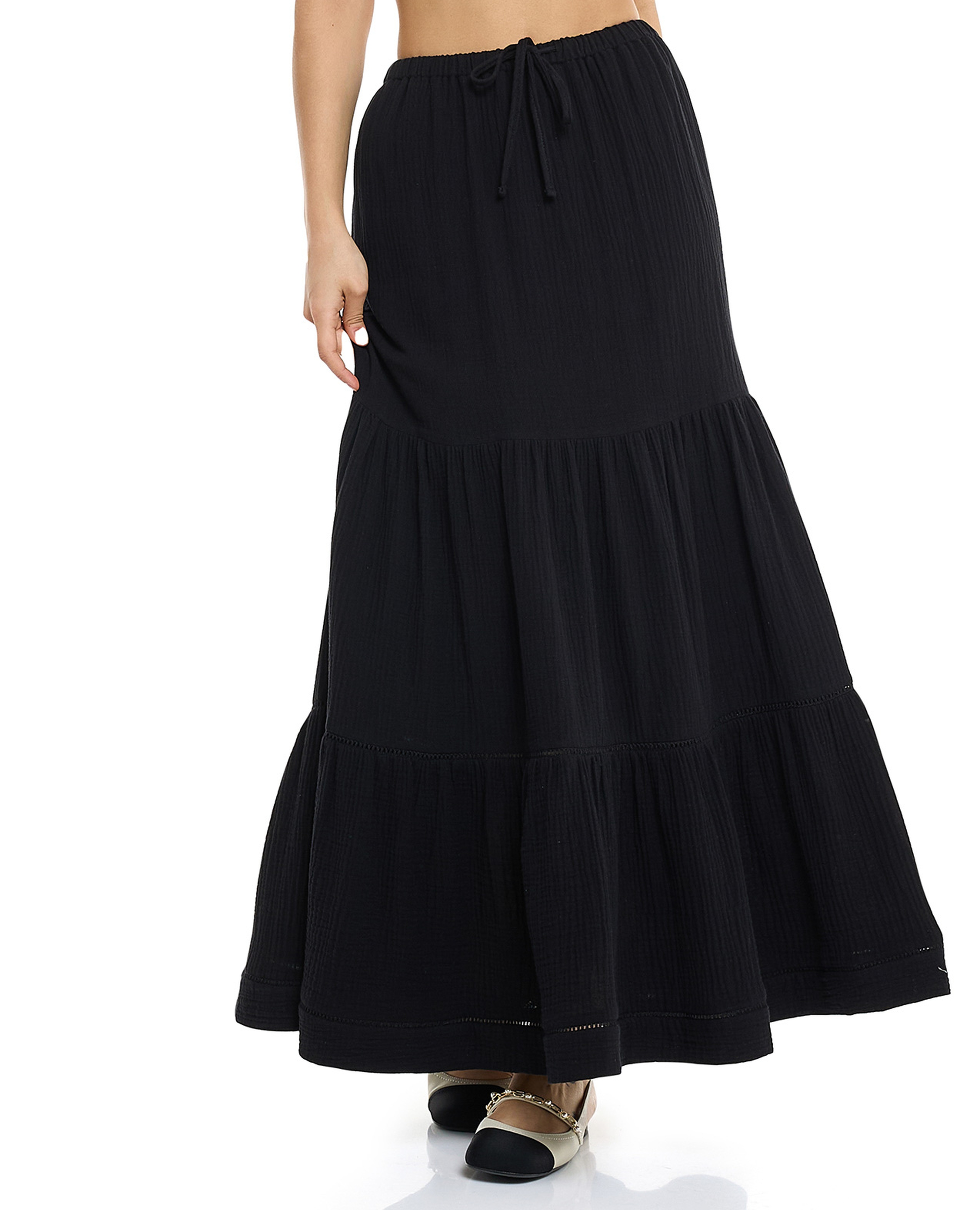 Solid Tiered Skirt with Drawstring Waist