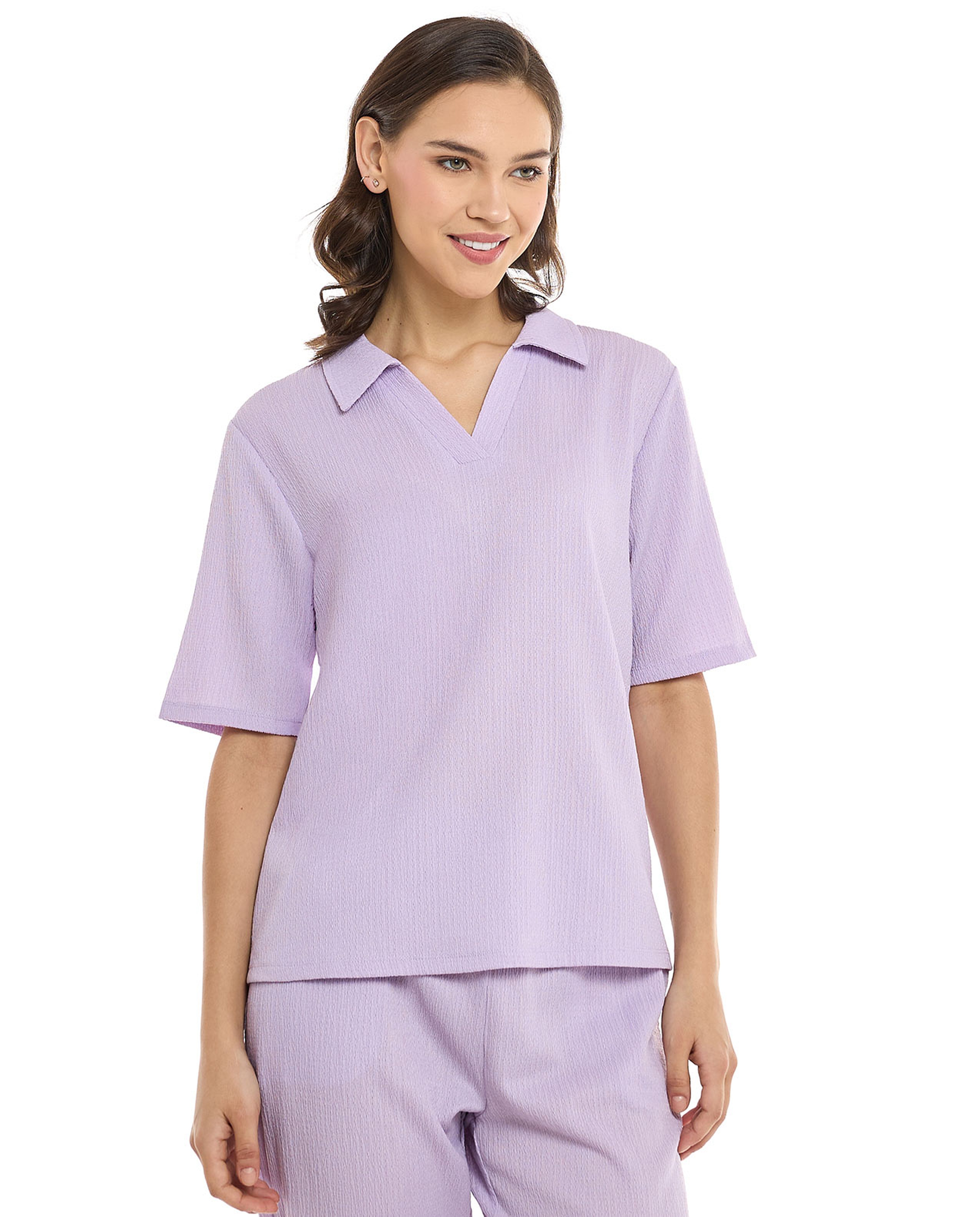 Textured Collared Top with Short Sleeves
