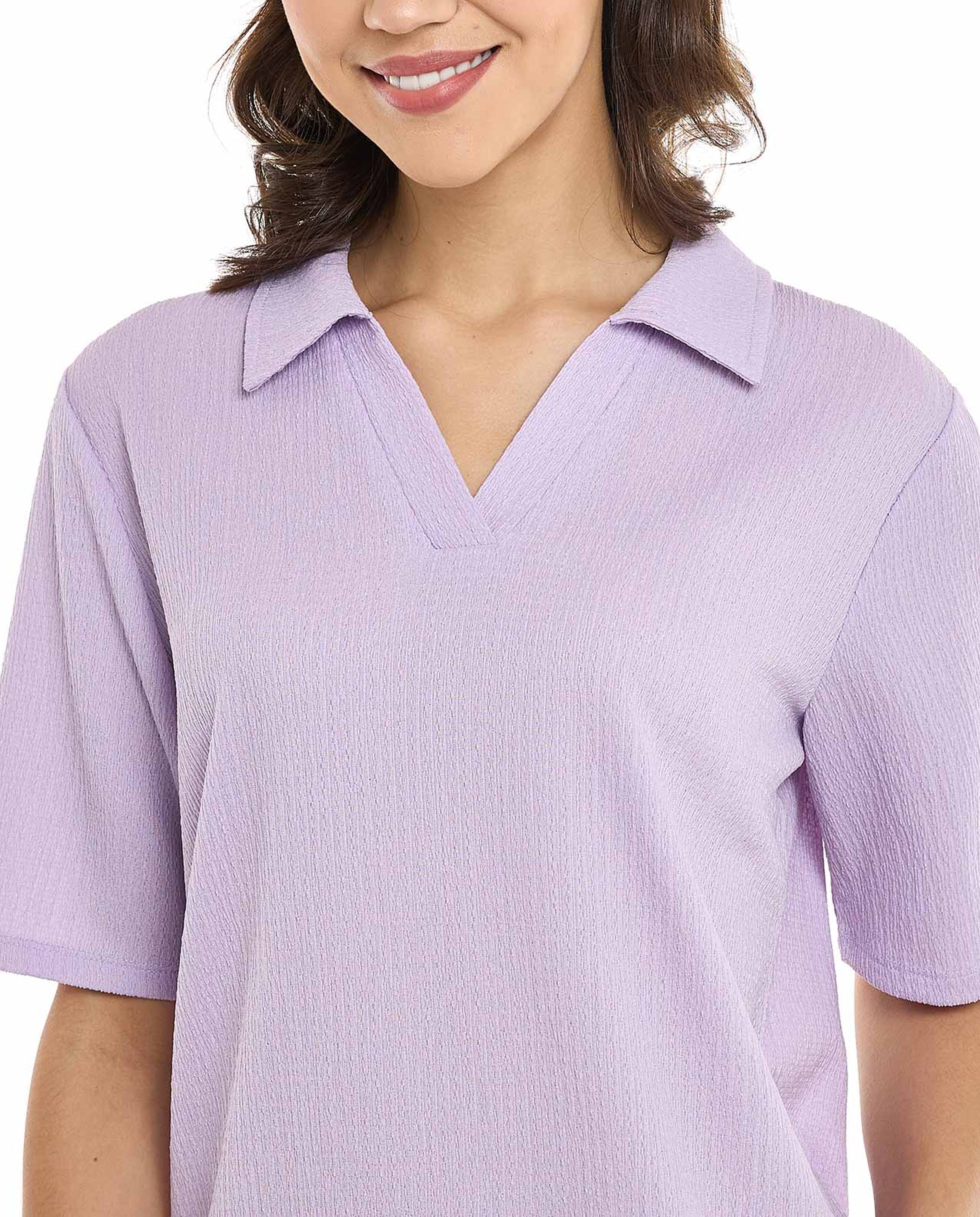 Textured Collared Top with Short Sleeves