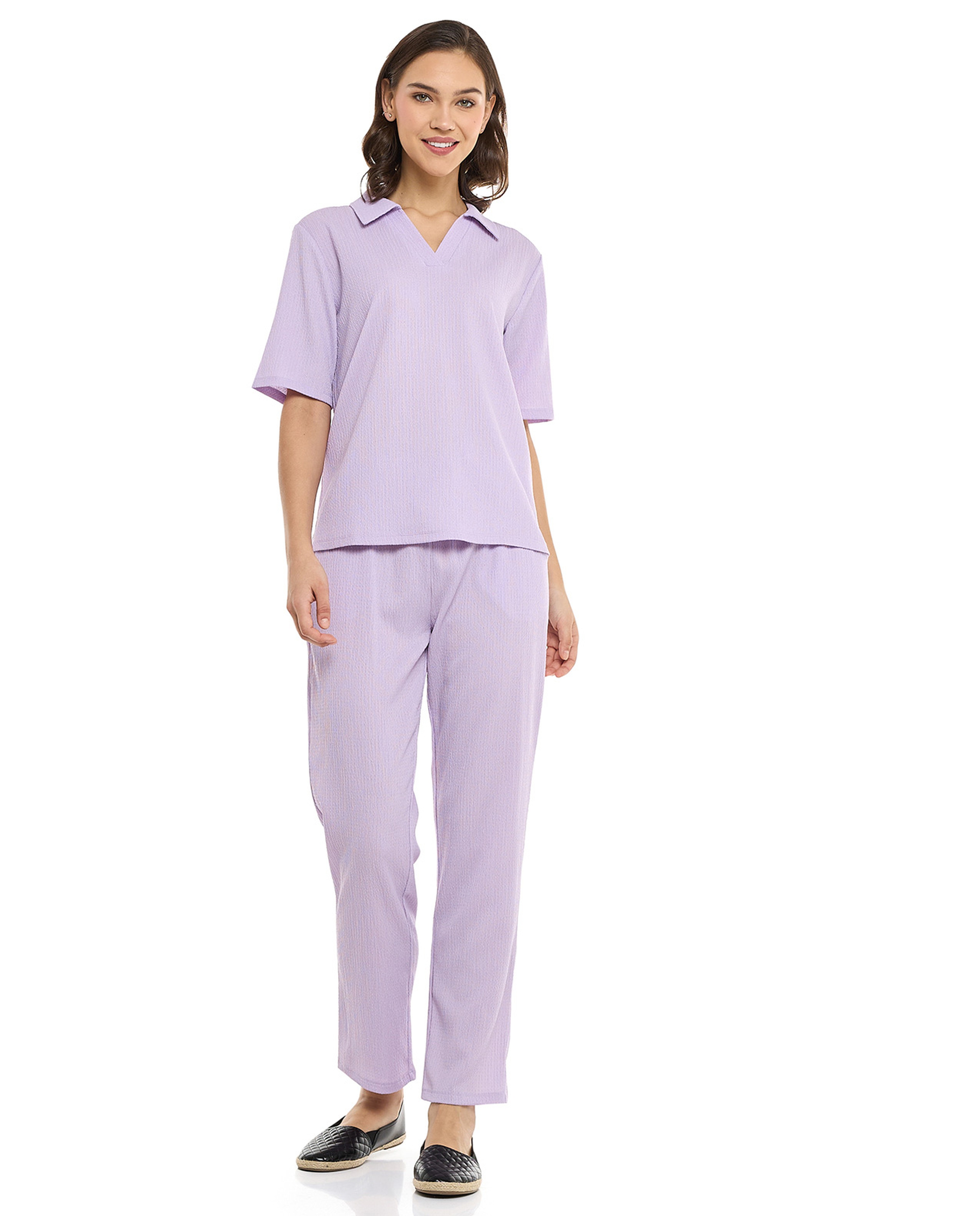 Textured Collared Top with Short Sleeves