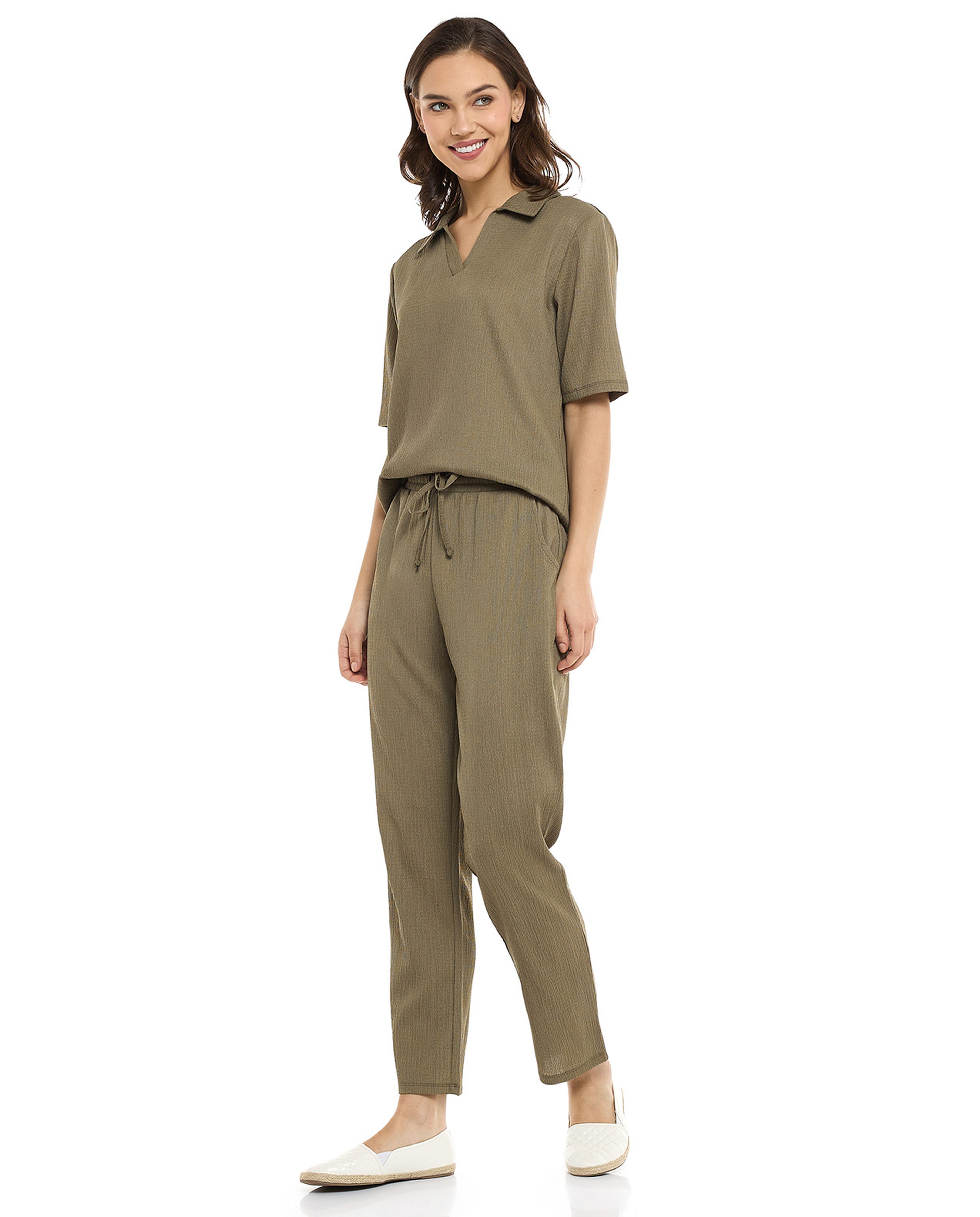 Textured Tapered Fit Pants with Drawstring Waist