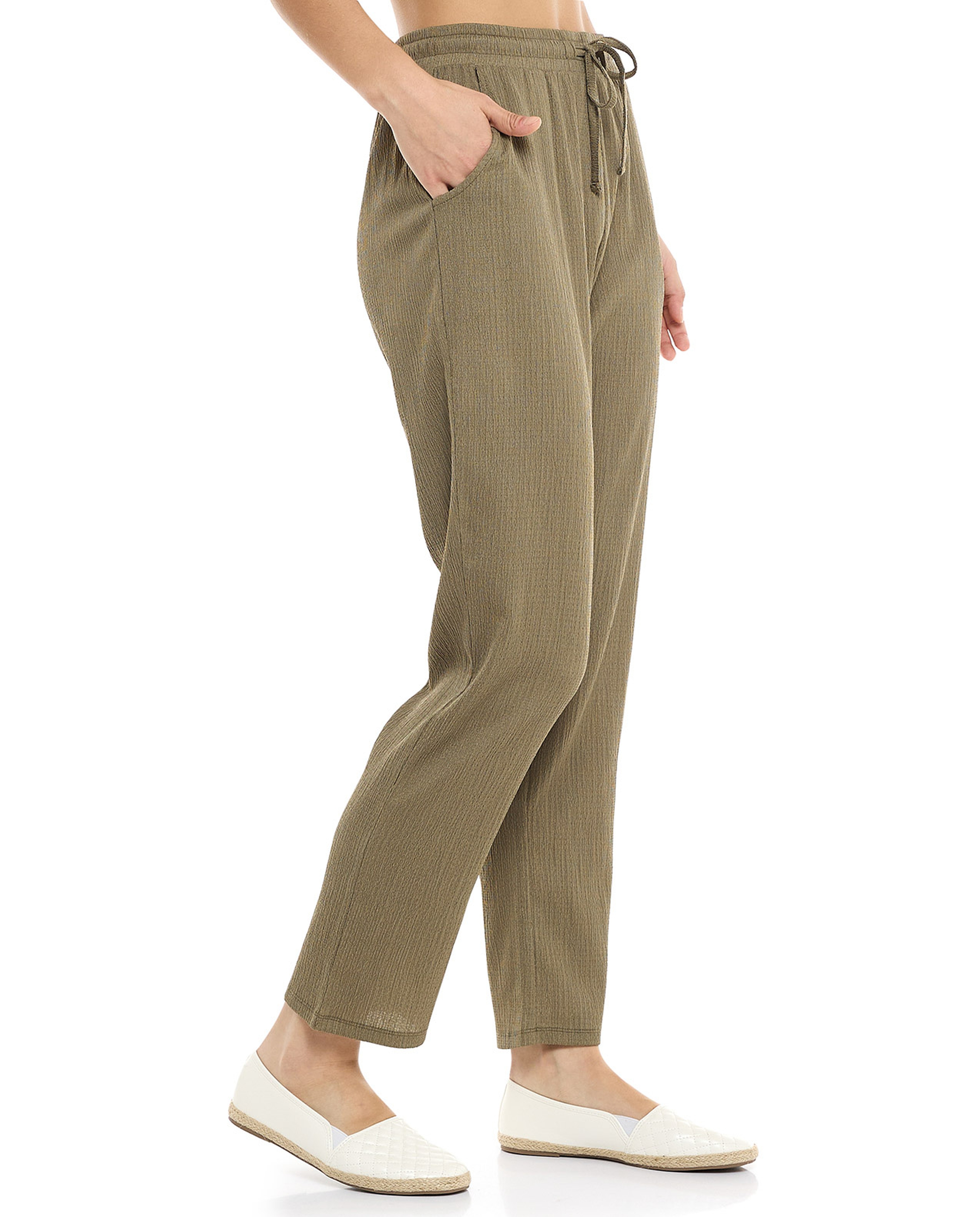 Textured Tapered Fit Pants with Drawstring Waist