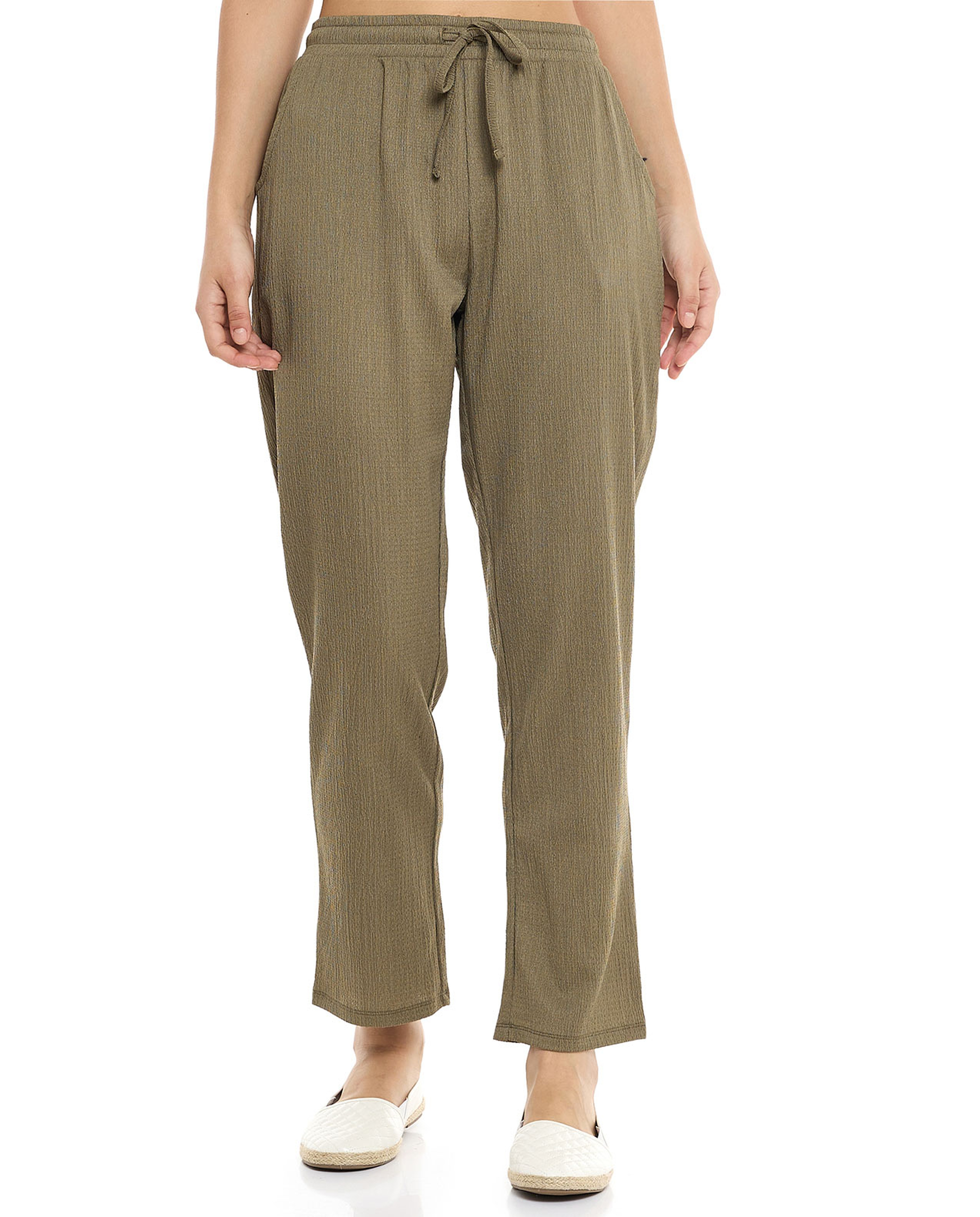 Textured Tapered Fit Pants with Drawstring Waist