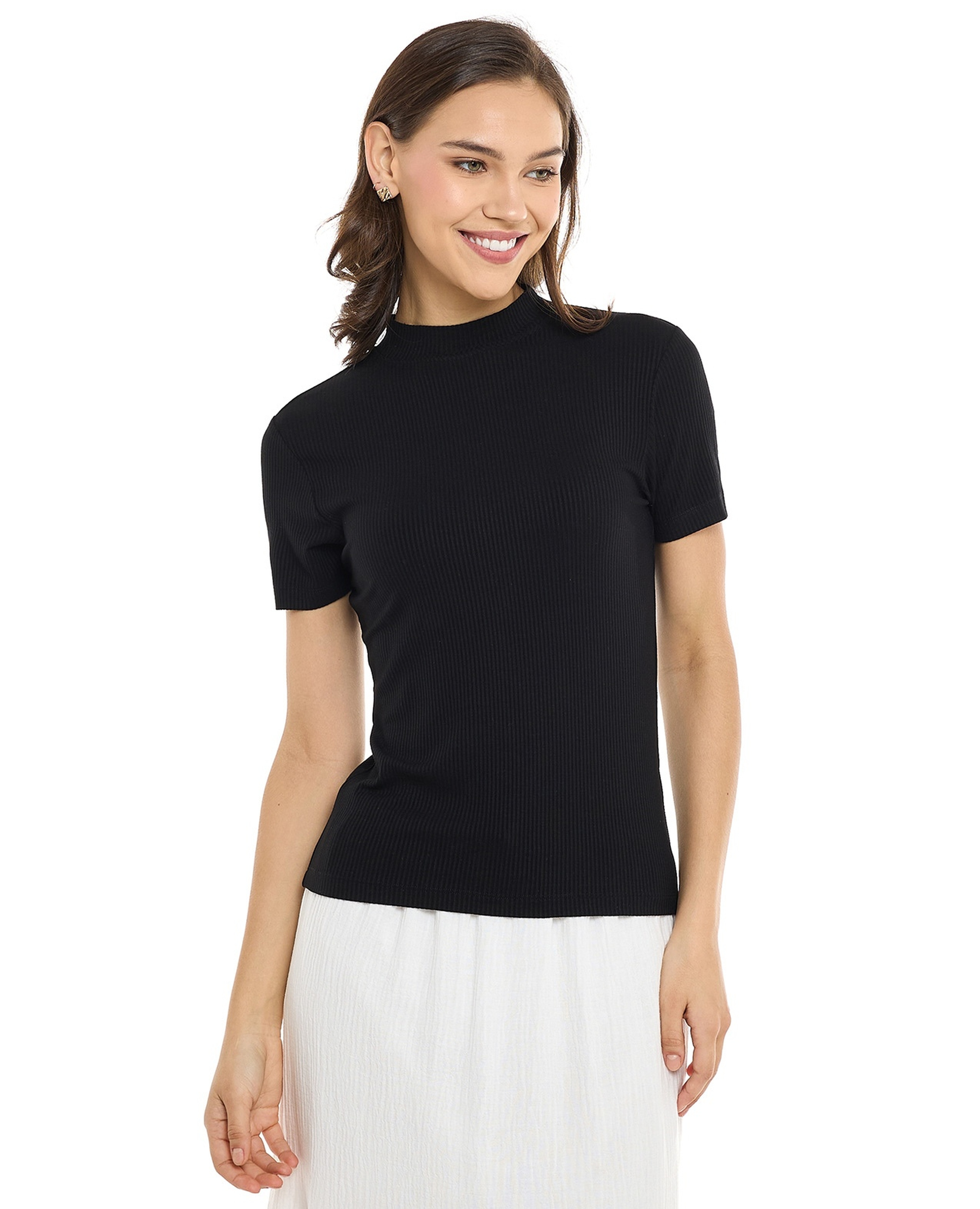Ribbed Top with High Neck and Short Sleeves