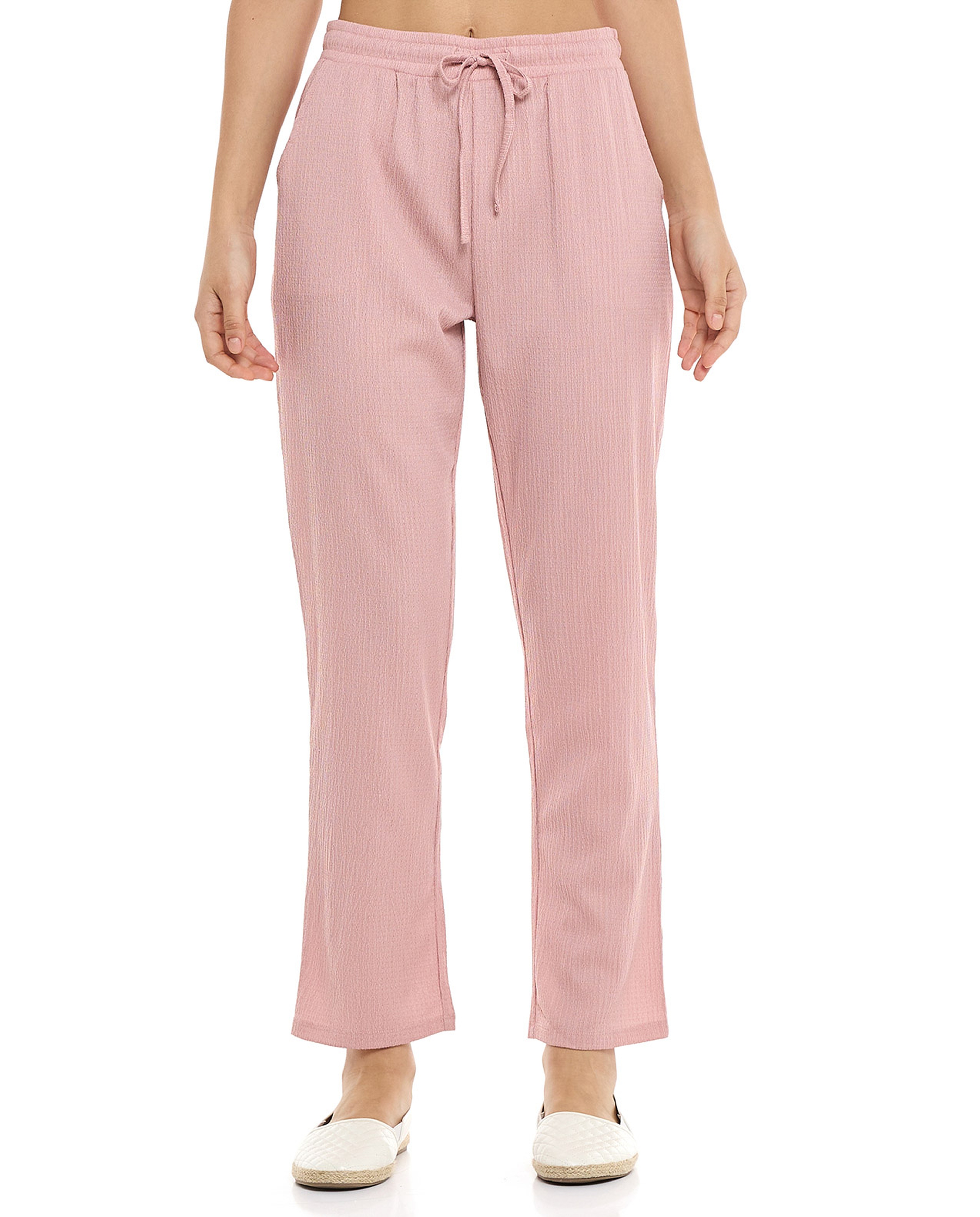 Textured Tapered Fit Pants with Drawstring Waist