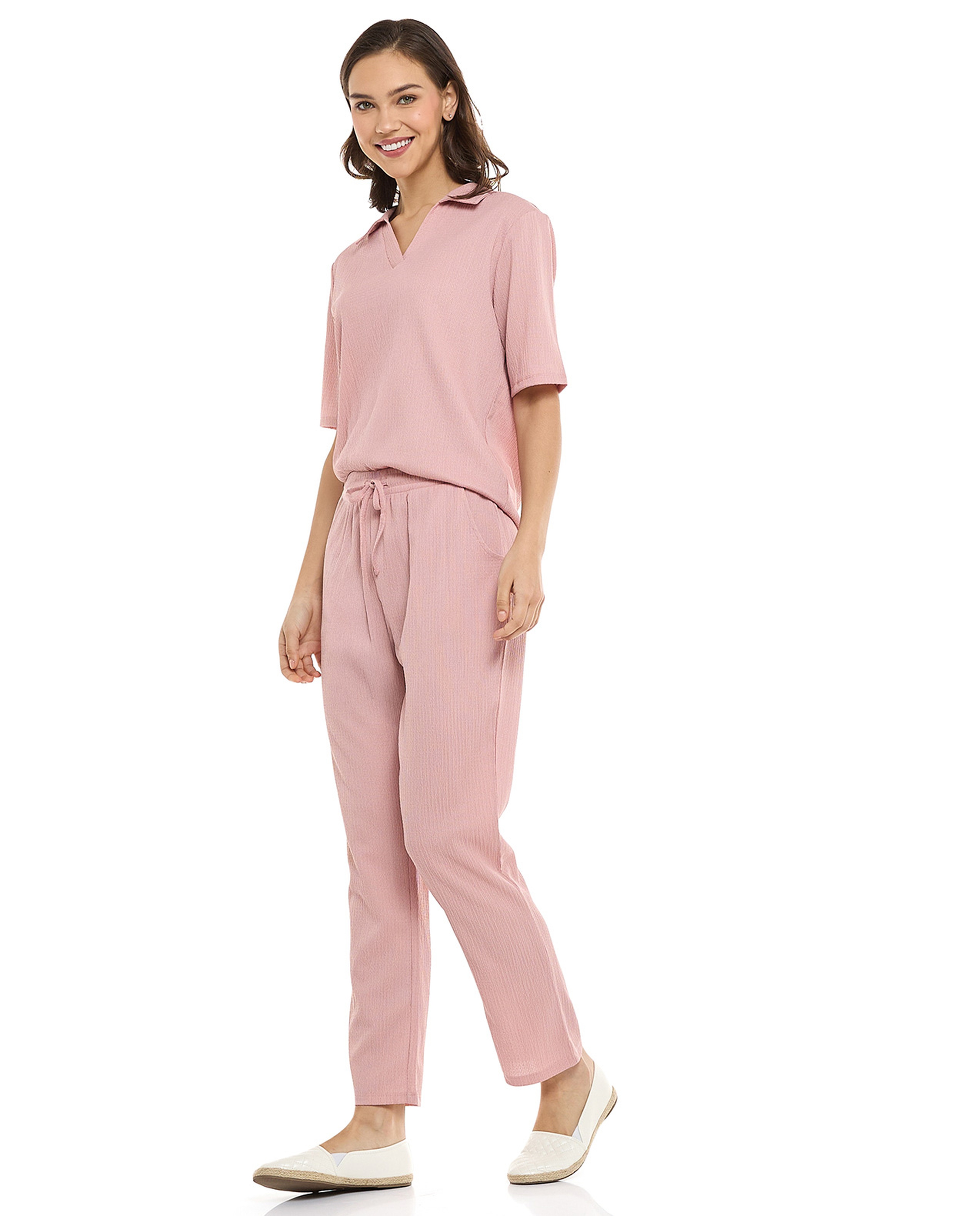 Textured Tapered Fit Pants with Drawstring Waist