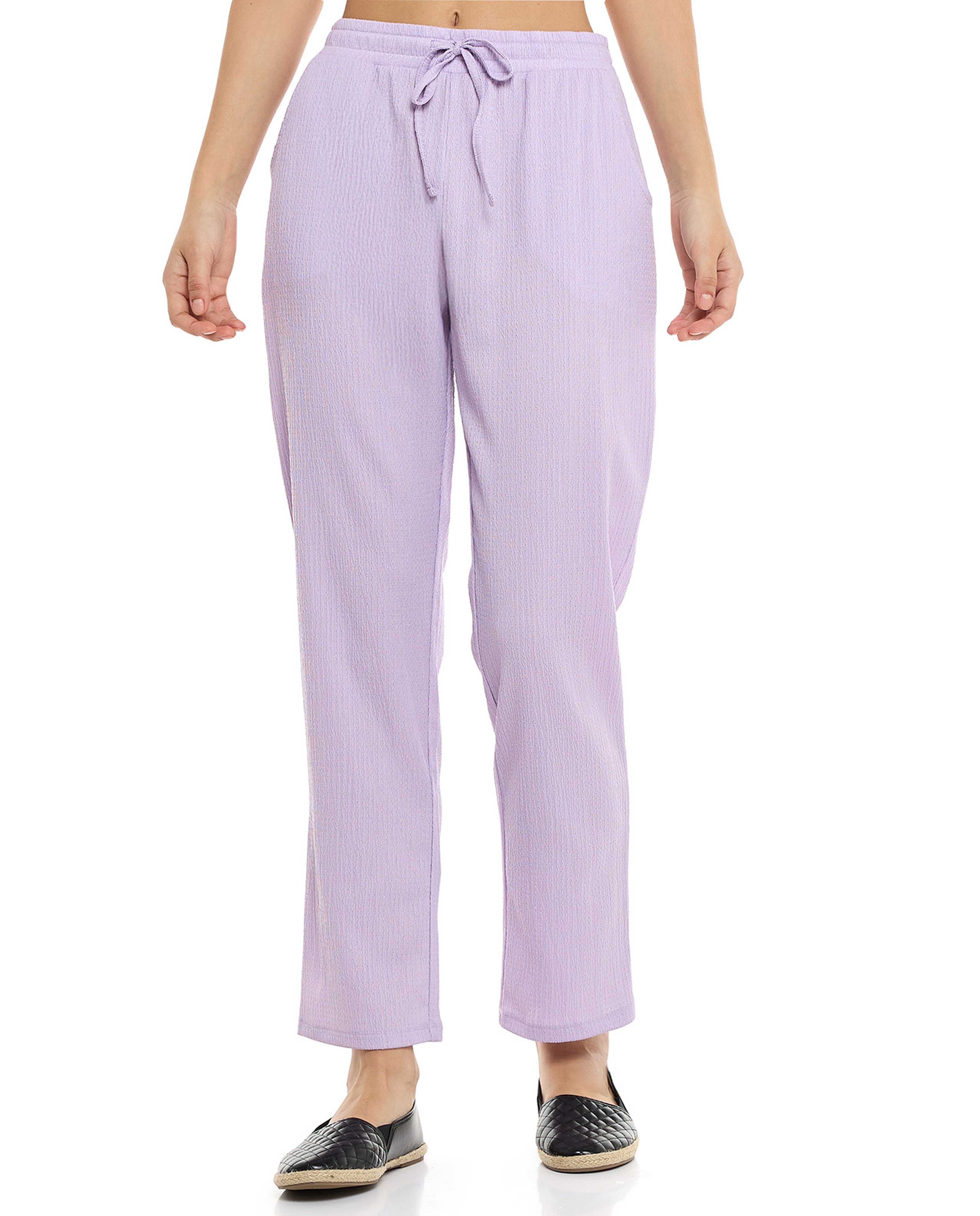 Textured Tapered Fit Pants with Drawstring Waist