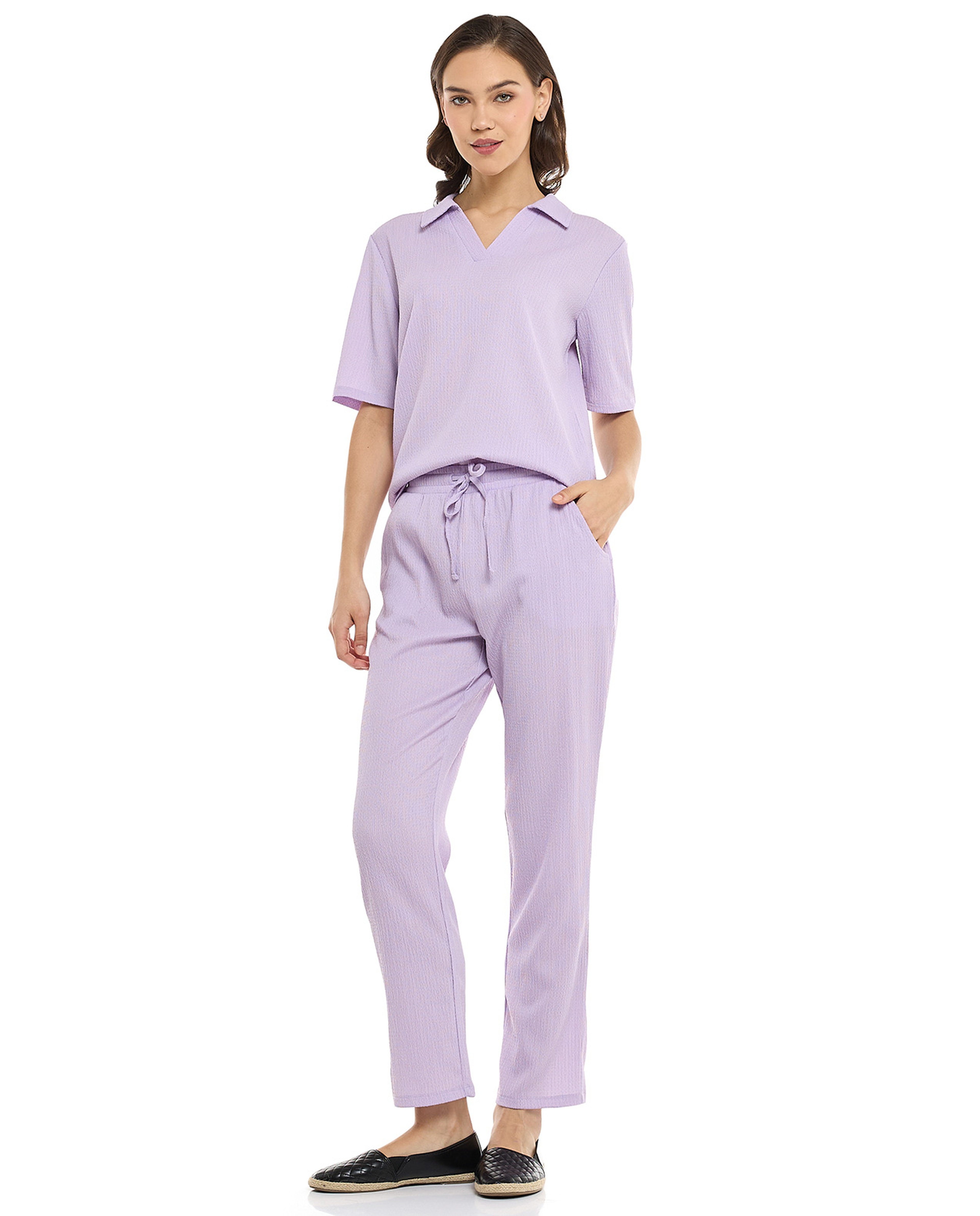 Textured Tapered Fit Pants with Drawstring Waist