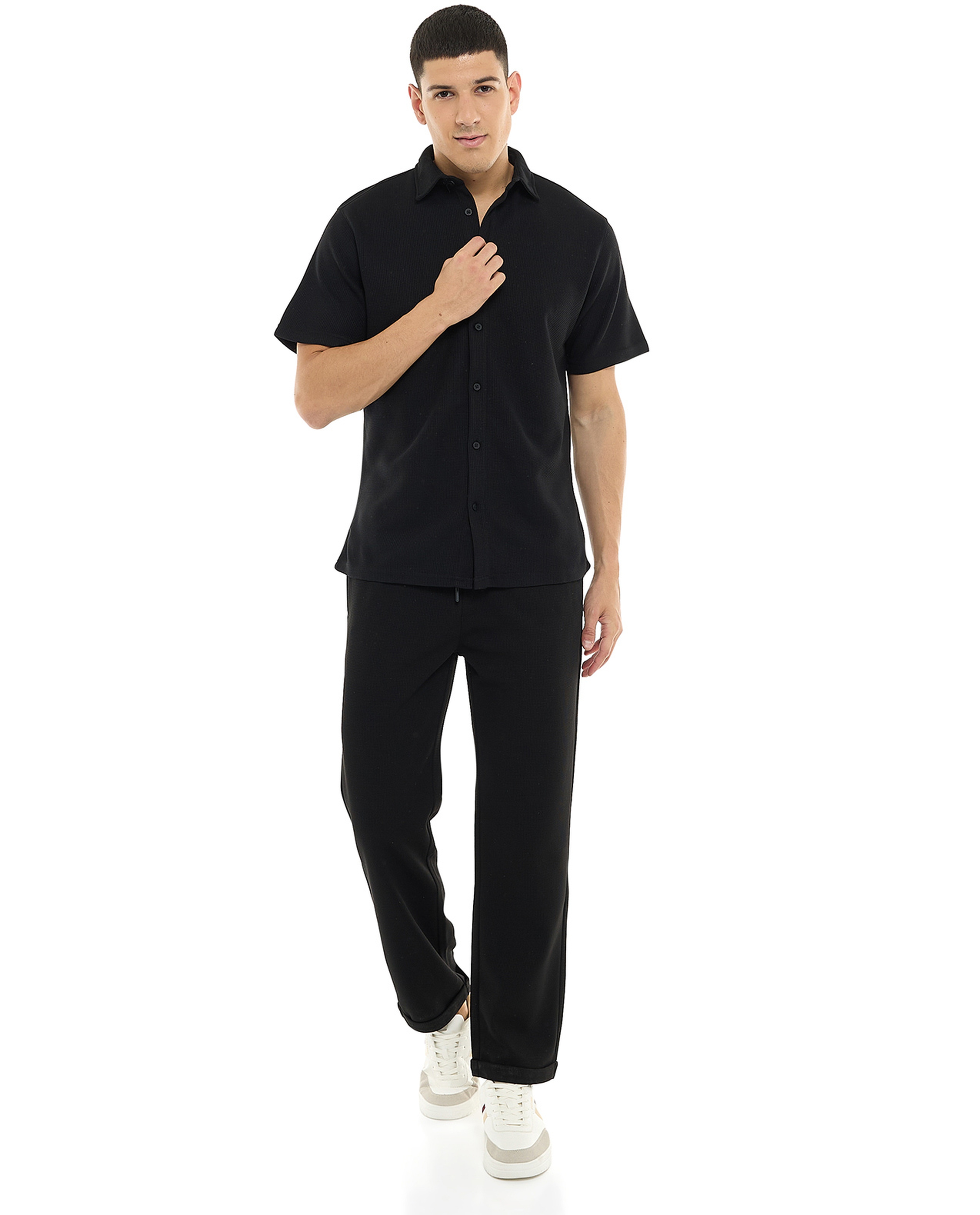 Textured Shirt with Classic Collar and Short Sleeves