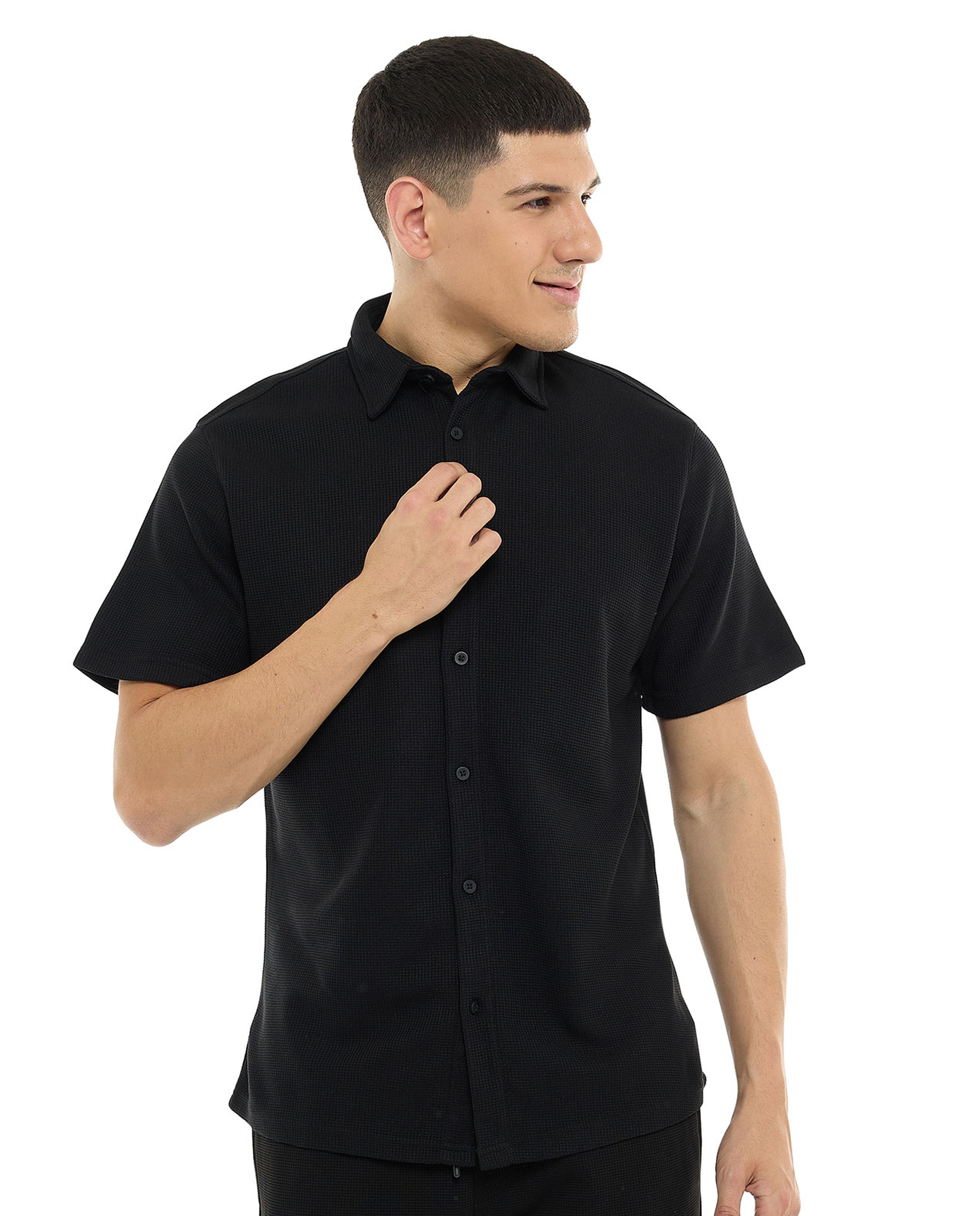 Textured Shirt with Classic Collar and Short Sleeves