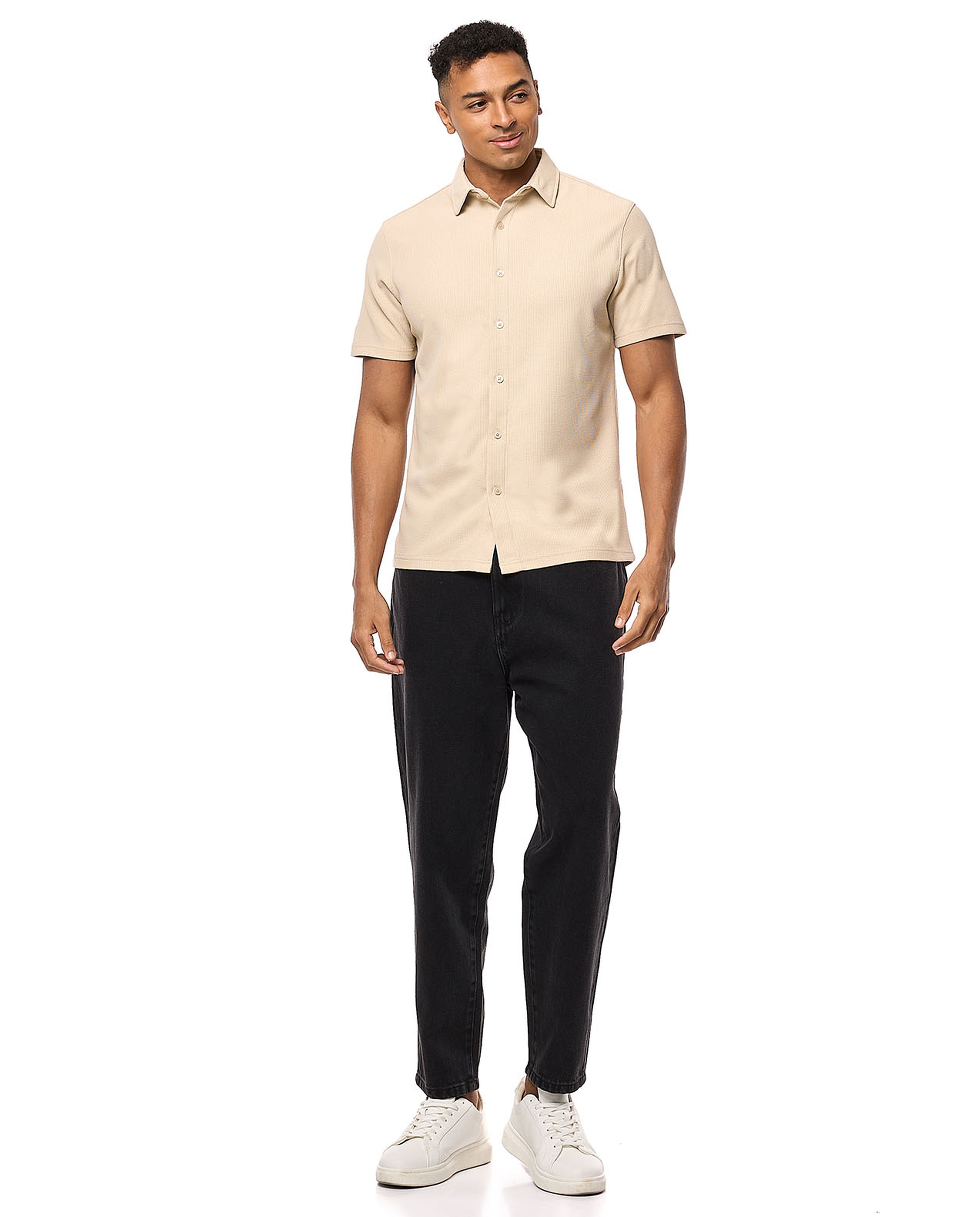 Textured Shirt with Classic Collar and Short Sleeves