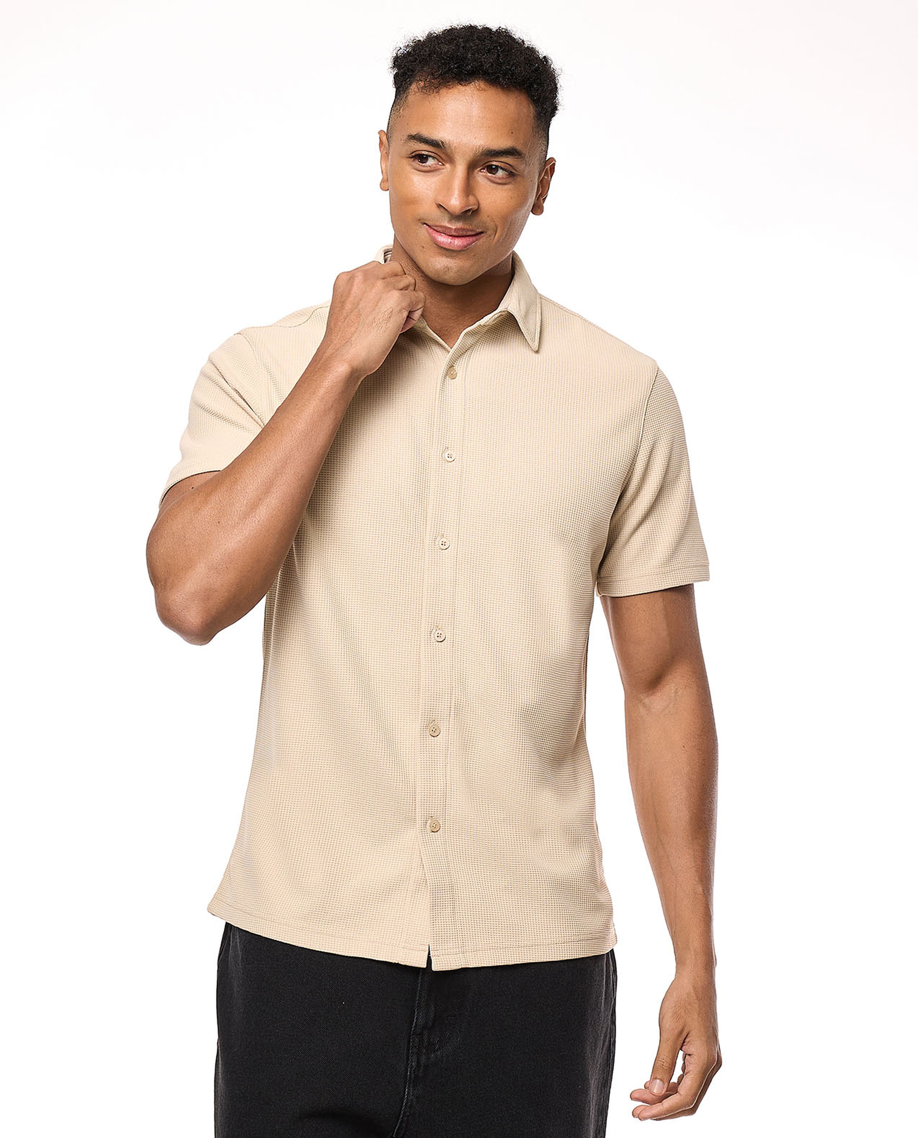 Textured Shirt with Classic Collar and Short Sleeves
