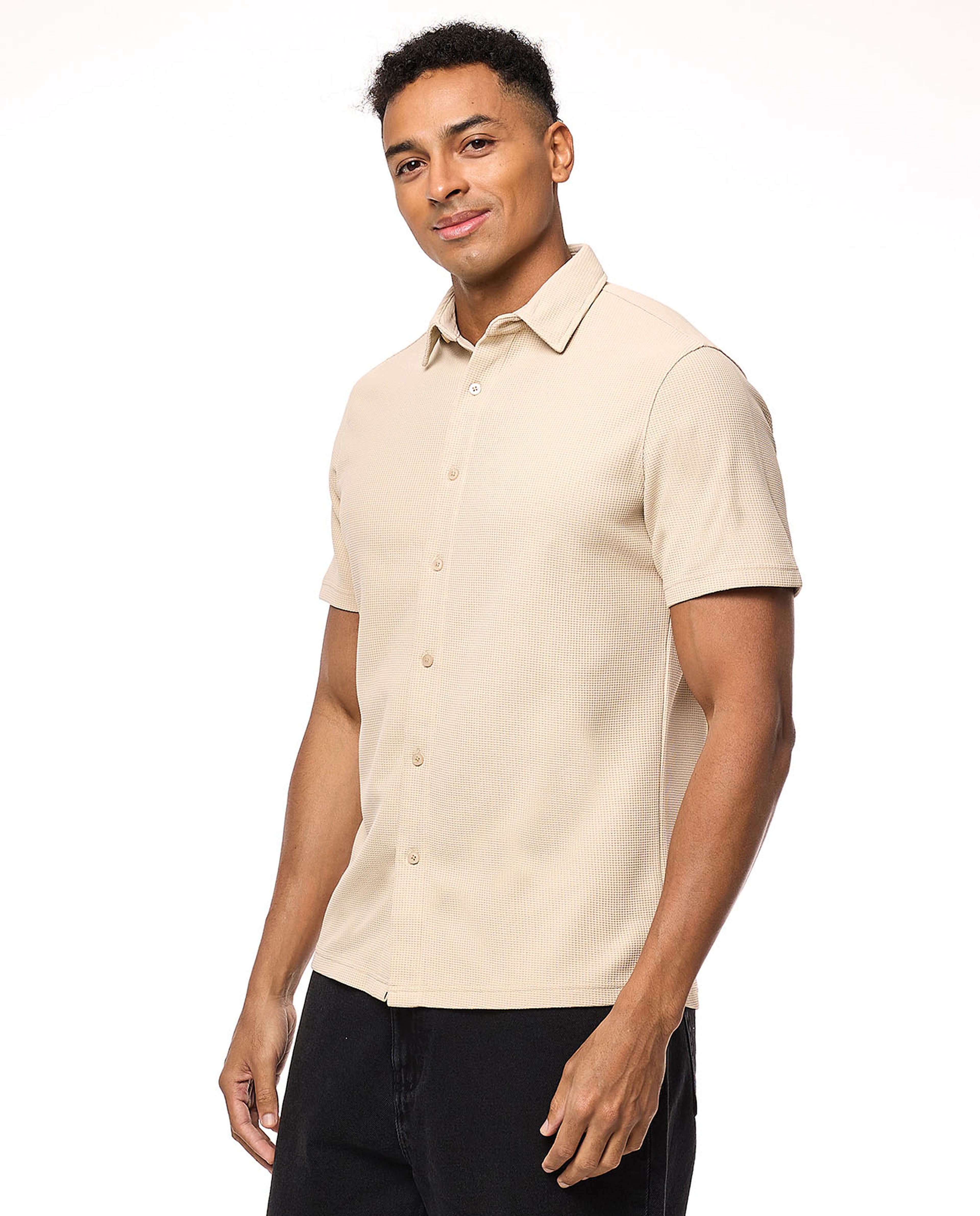 Textured Shirt with Classic Collar and Short Sleeves