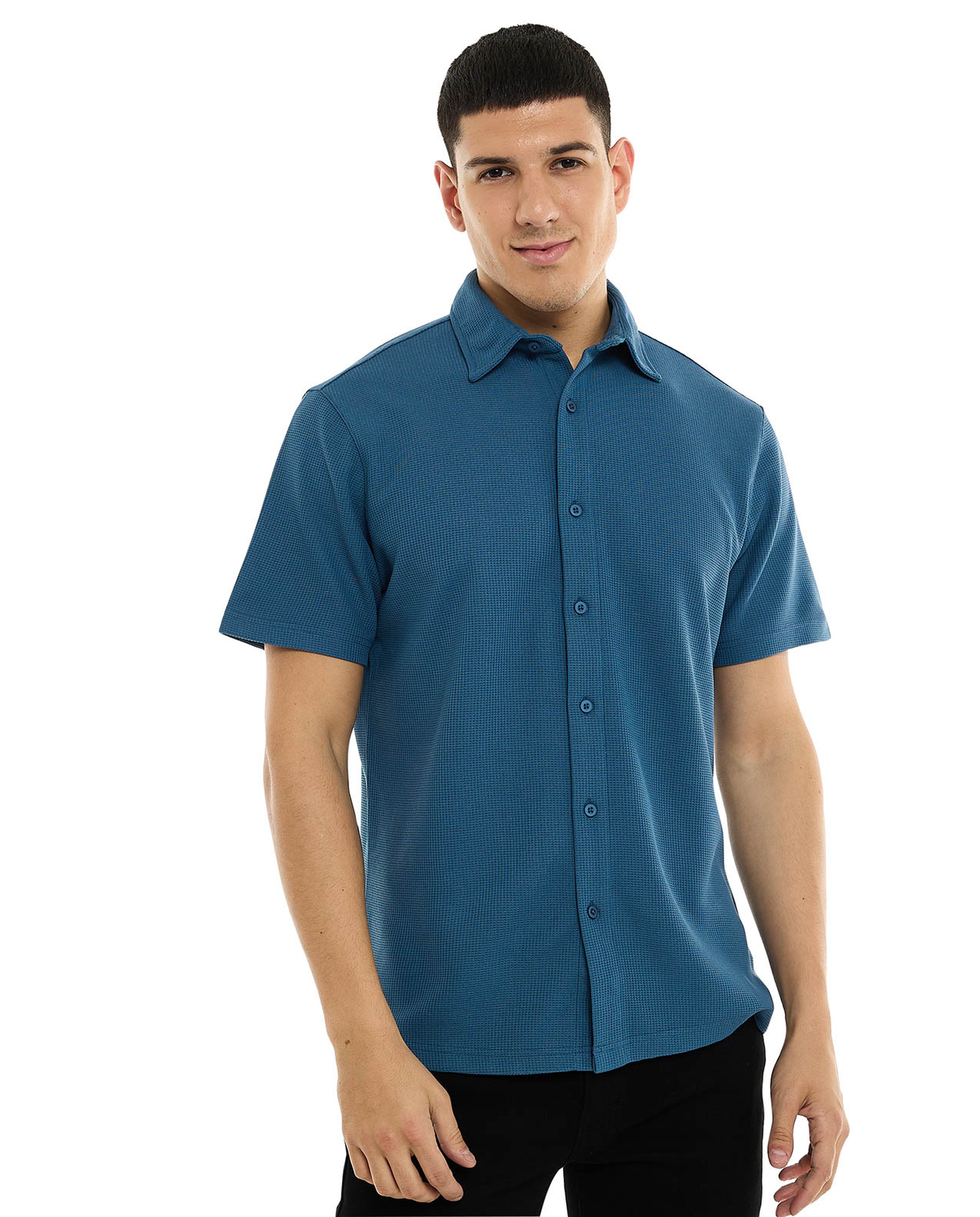 Textured Shirt with Classic Collar and Short Sleeves
