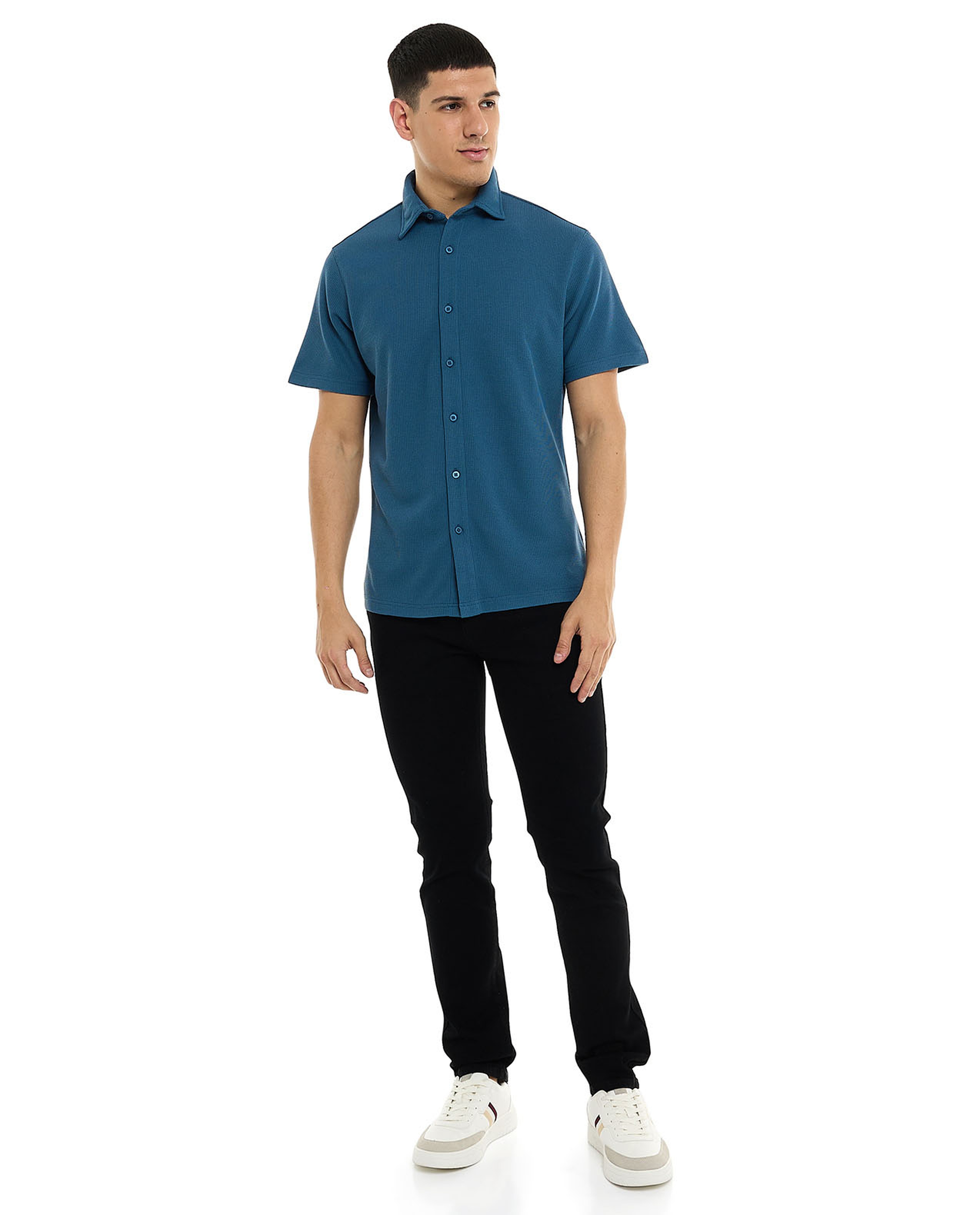 Textured Shirt with Classic Collar and Short Sleeves