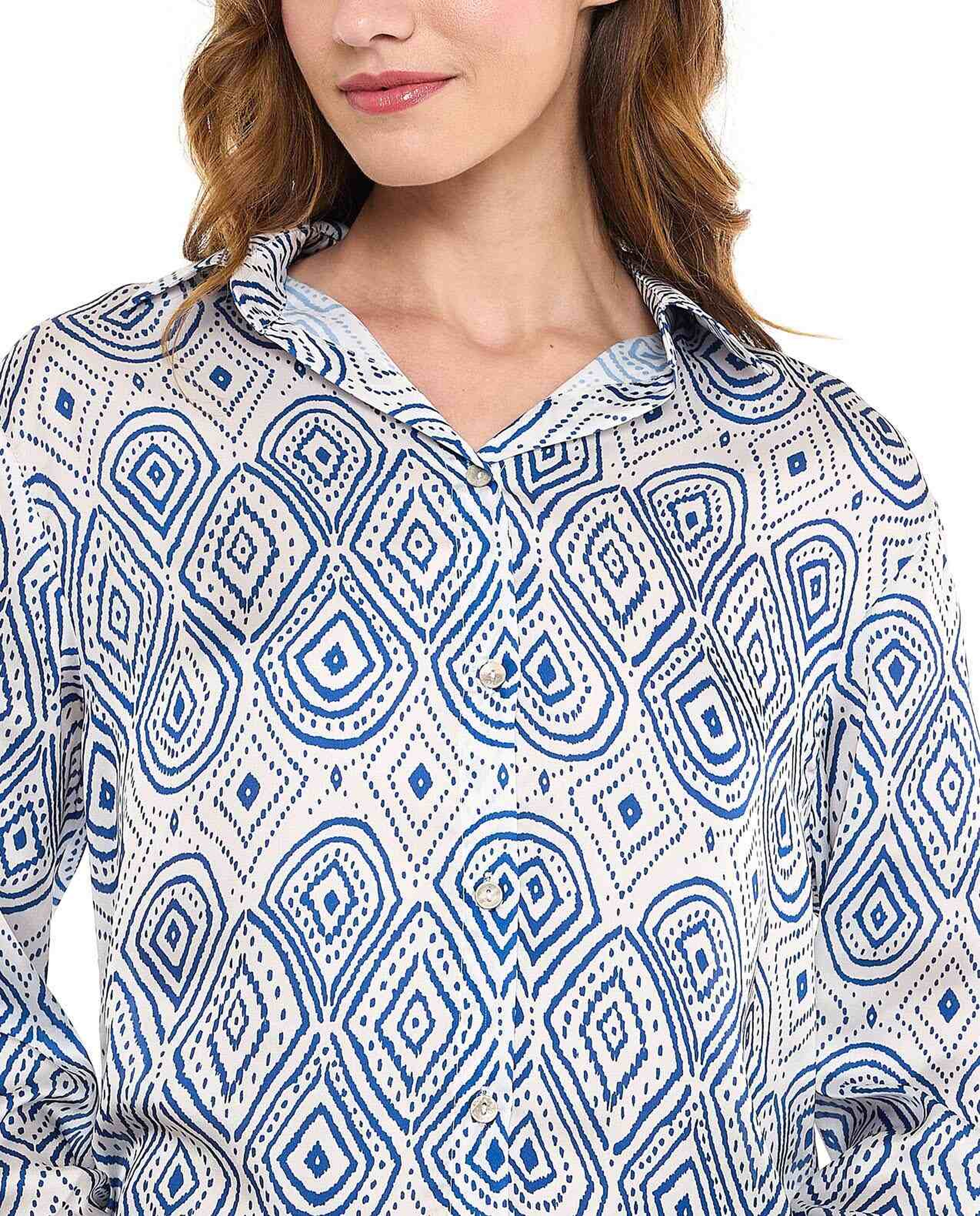 Patterned Shirt with Spread Collar and Long Sleeves