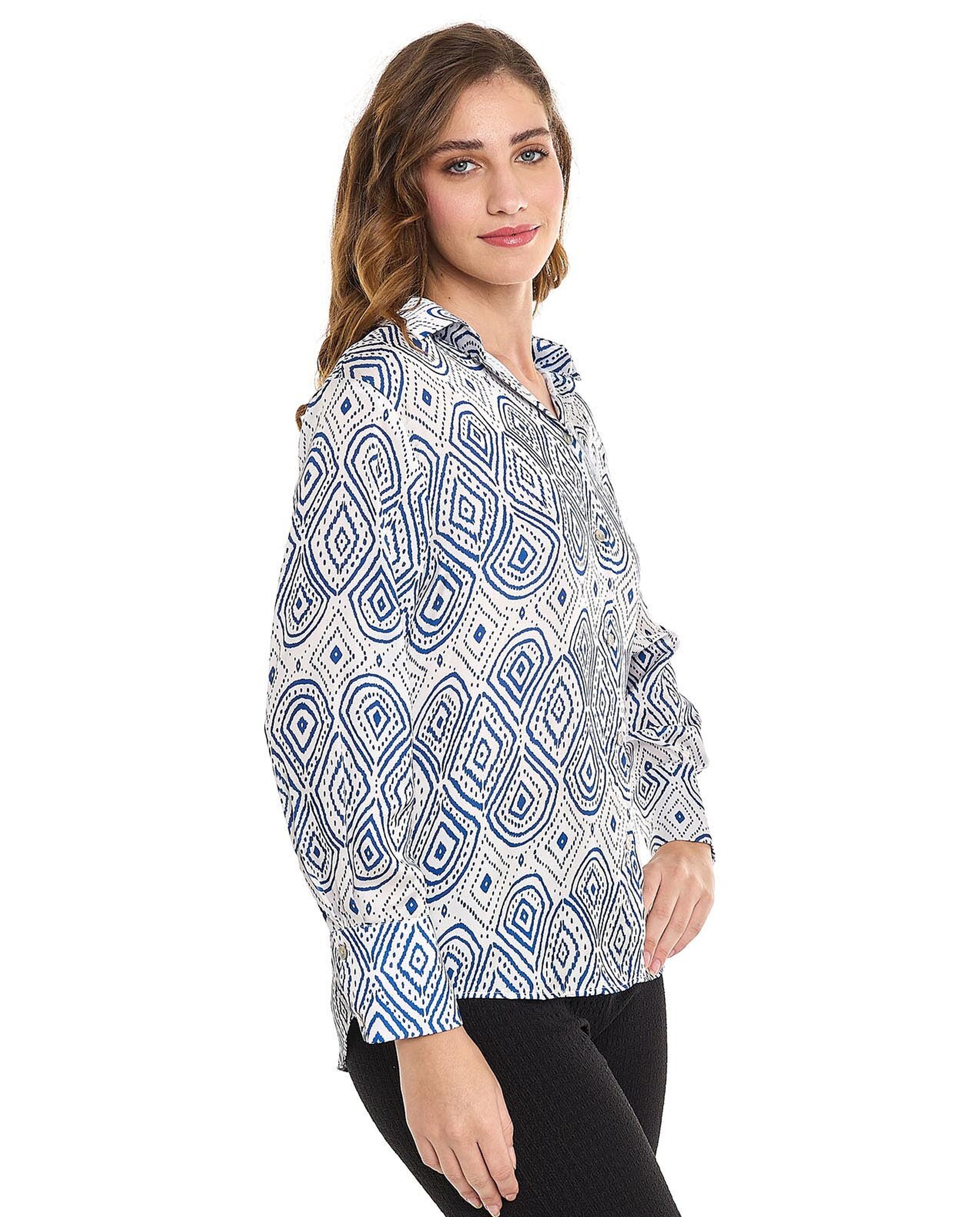 Patterned Shirt with Spread Collar and Long Sleeves