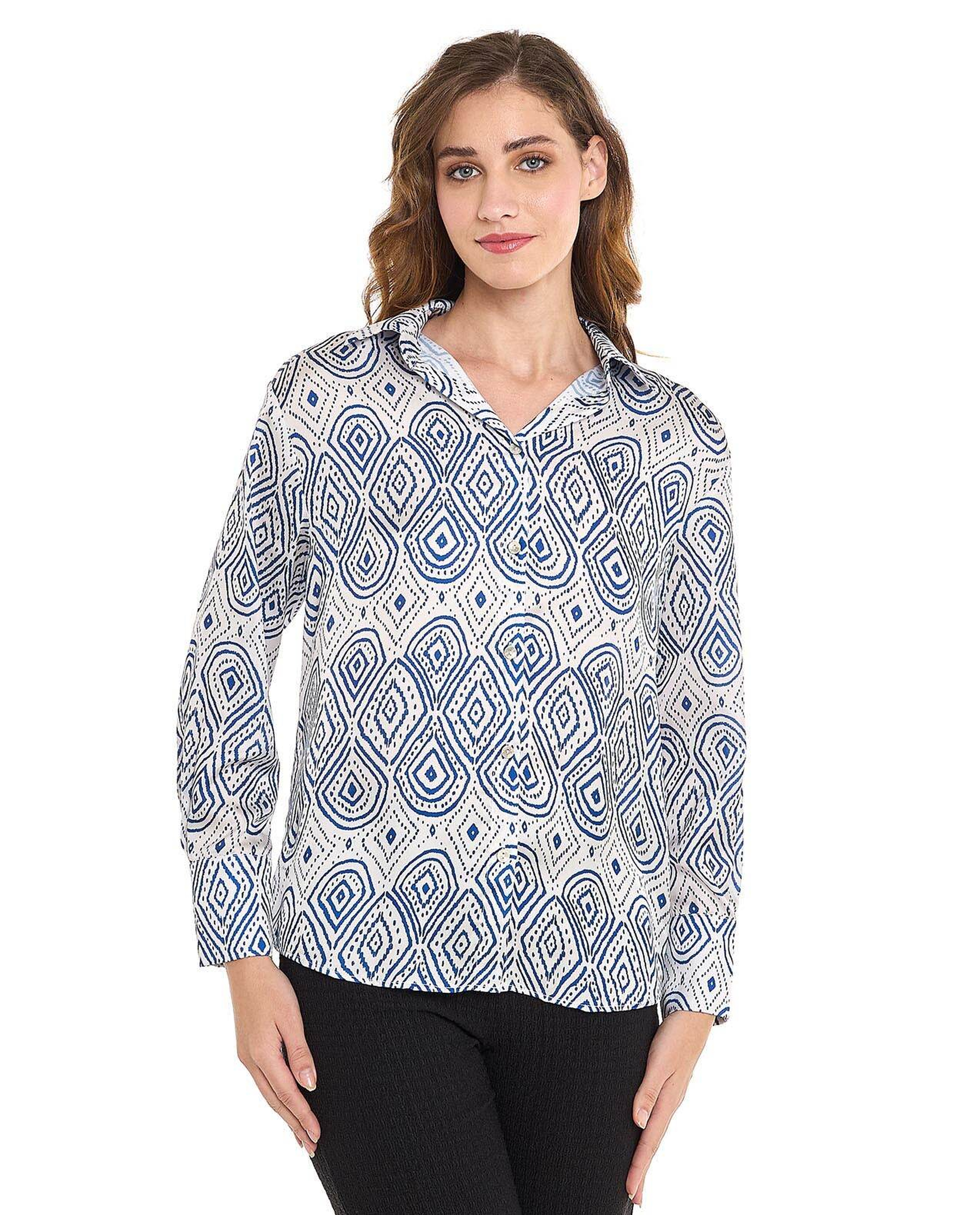 Patterned Shirt with Spread Collar and Long Sleeves