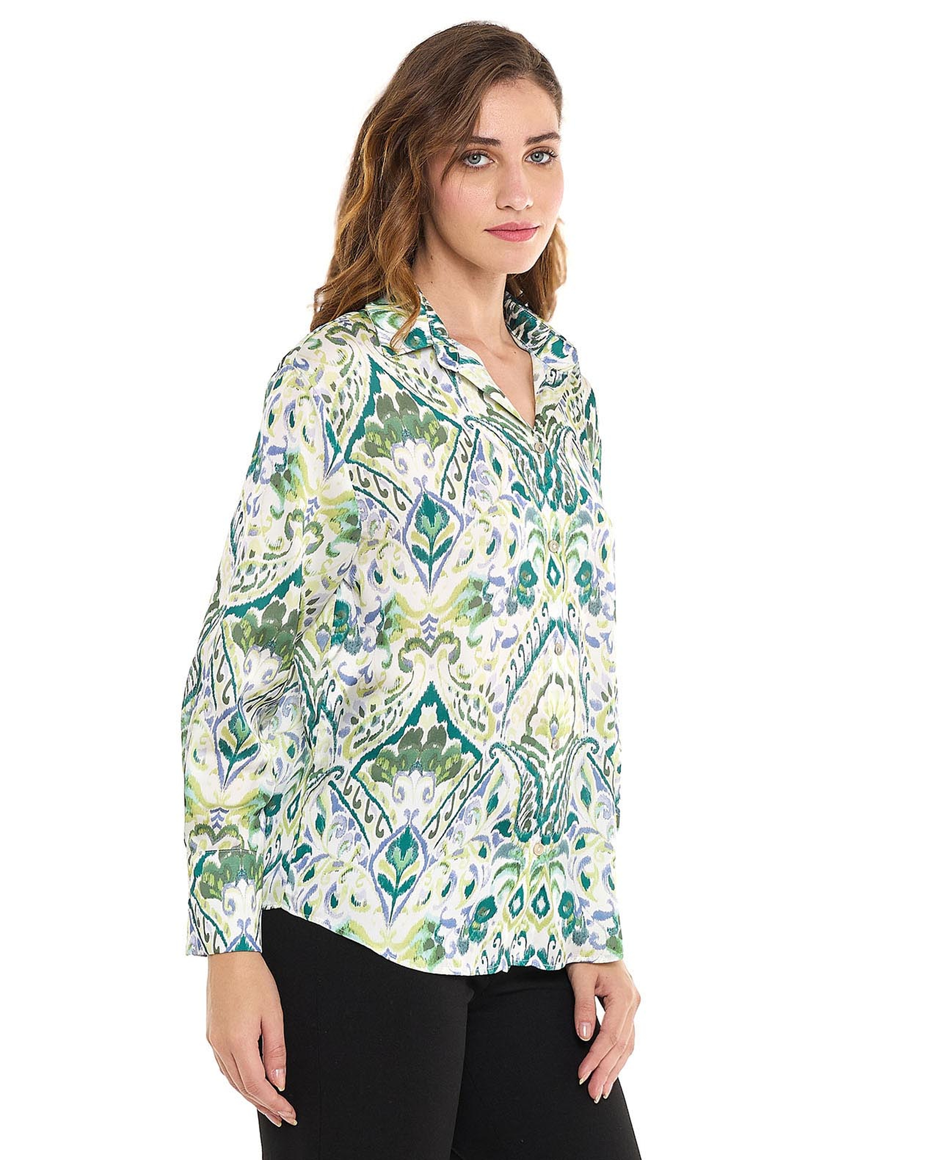 Patterned Shirt with Spread Collar and Long Sleeves