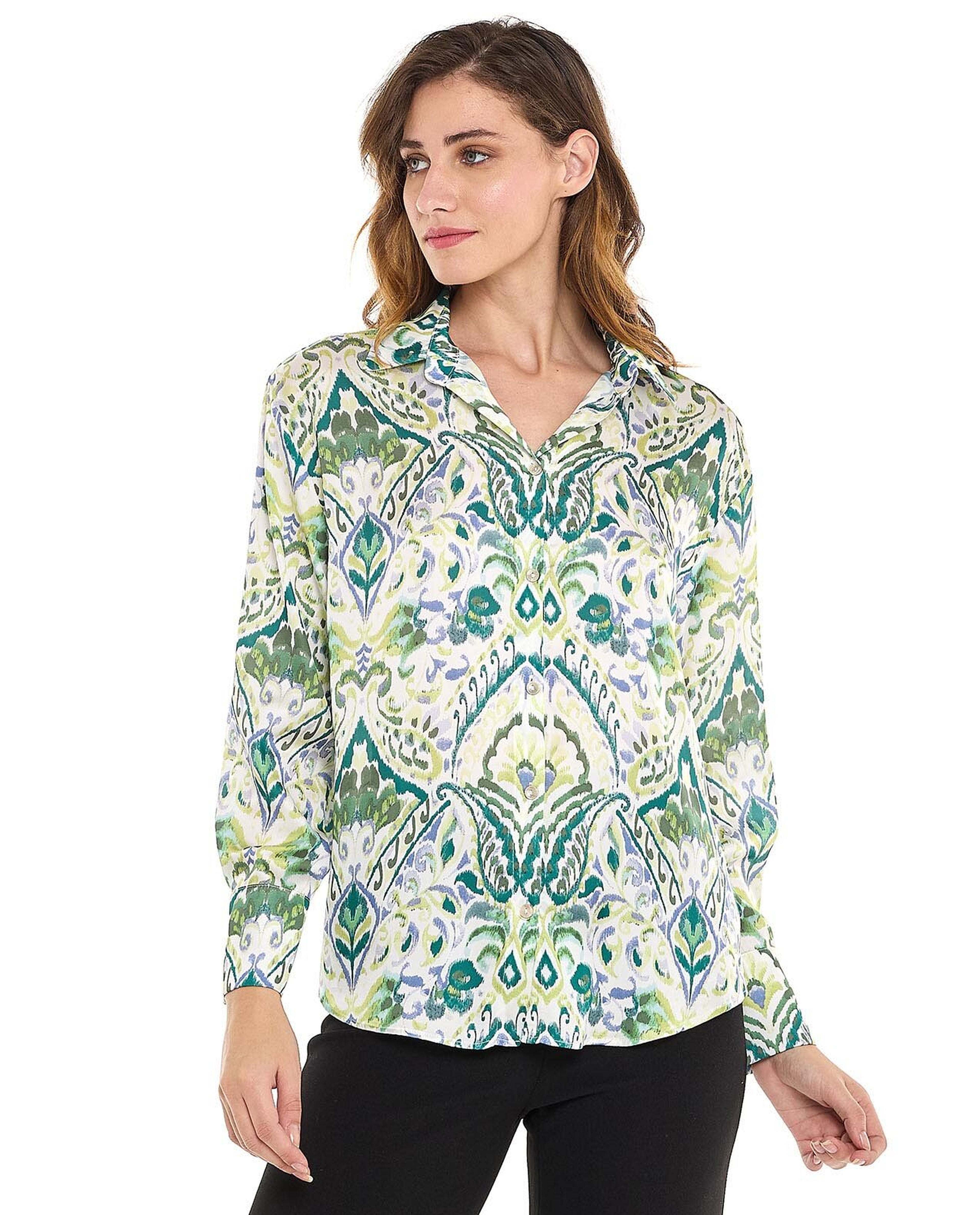 Patterned Shirt with Spread Collar and Long Sleeves