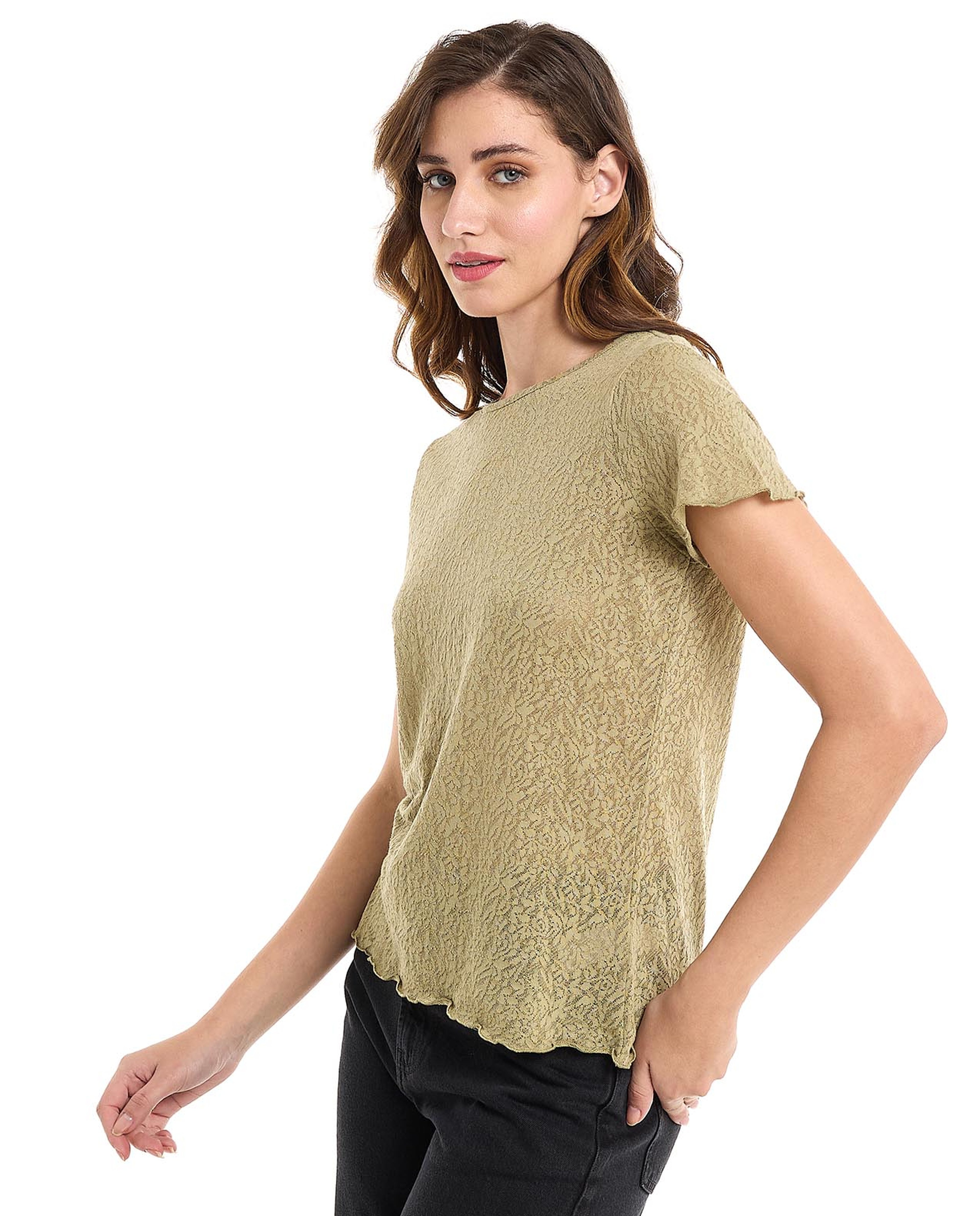 Textured Top with Round Neck and Short Sleeves