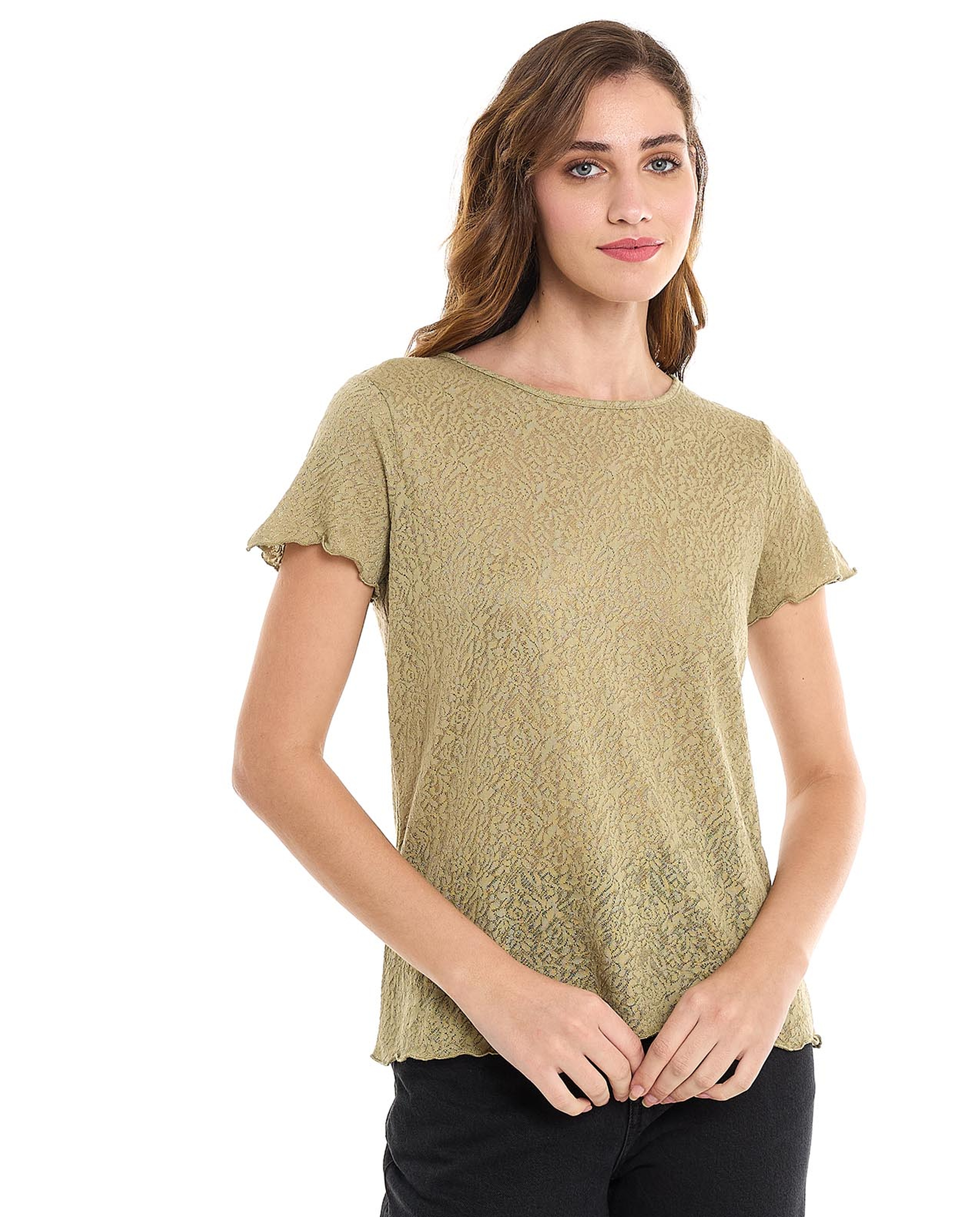 Textured Top with Round Neck and Short Sleeves