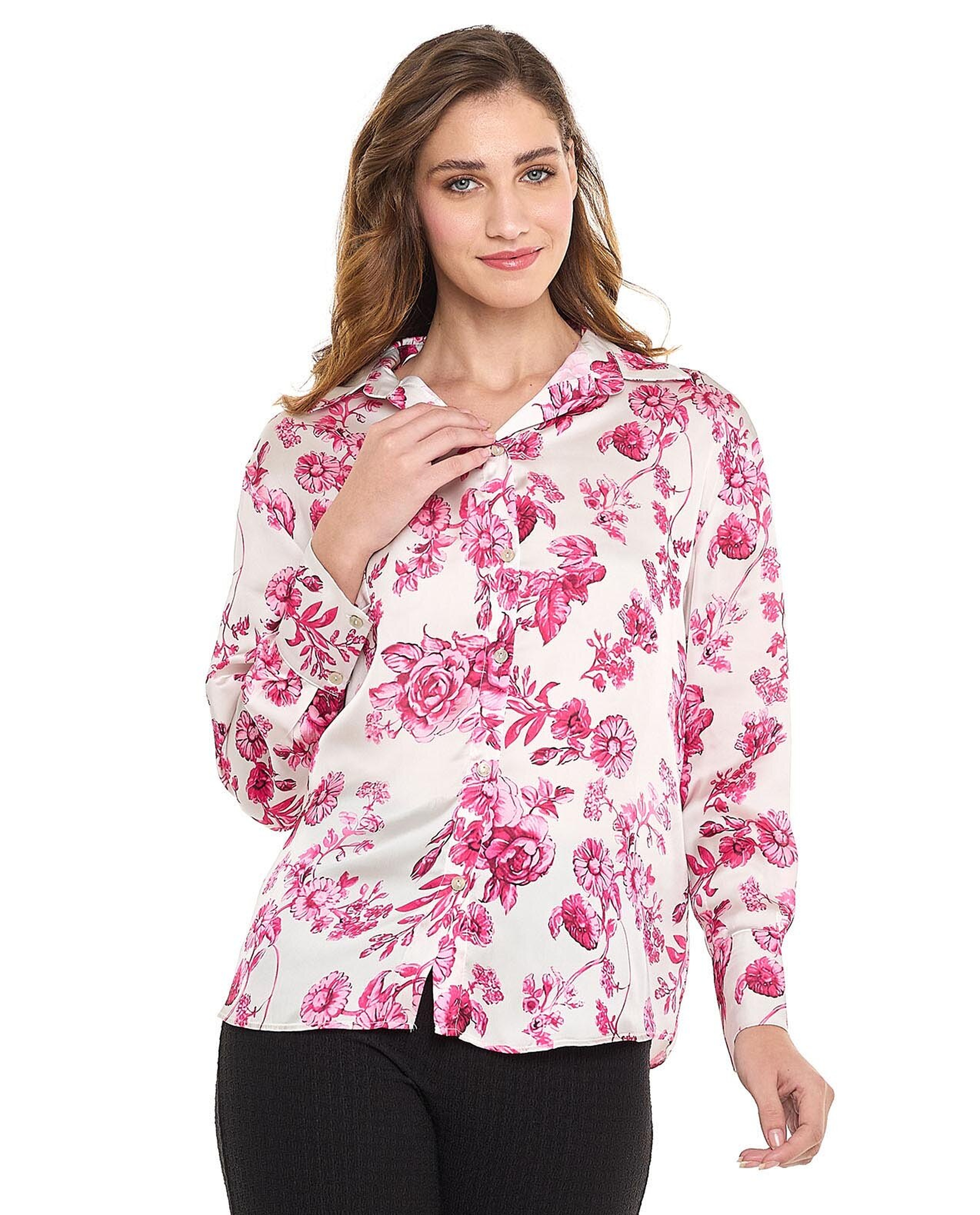 Floral Print Shirt with Spread Collar and Long Sleeves