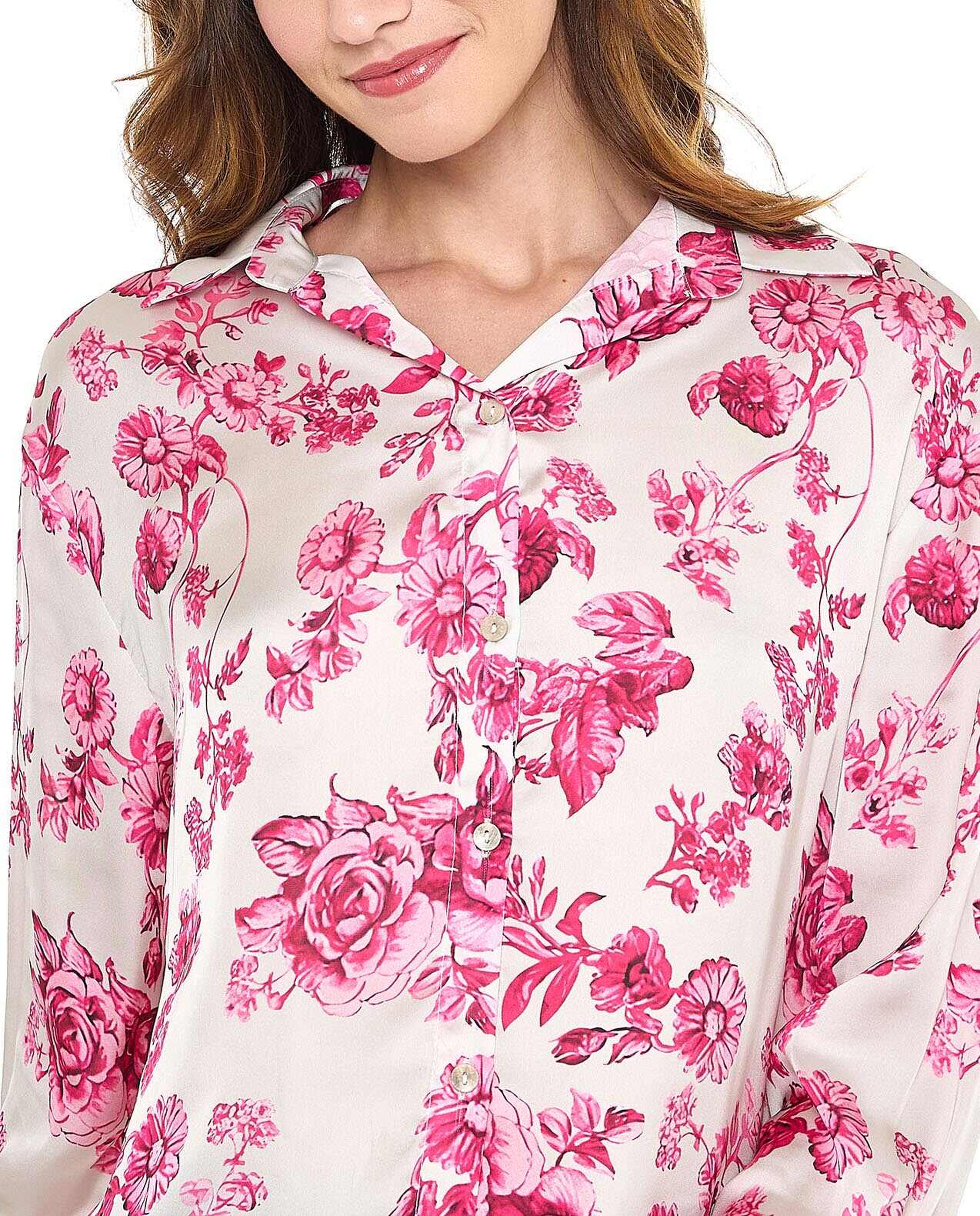 Floral Print Shirt with Spread Collar and Long Sleeves