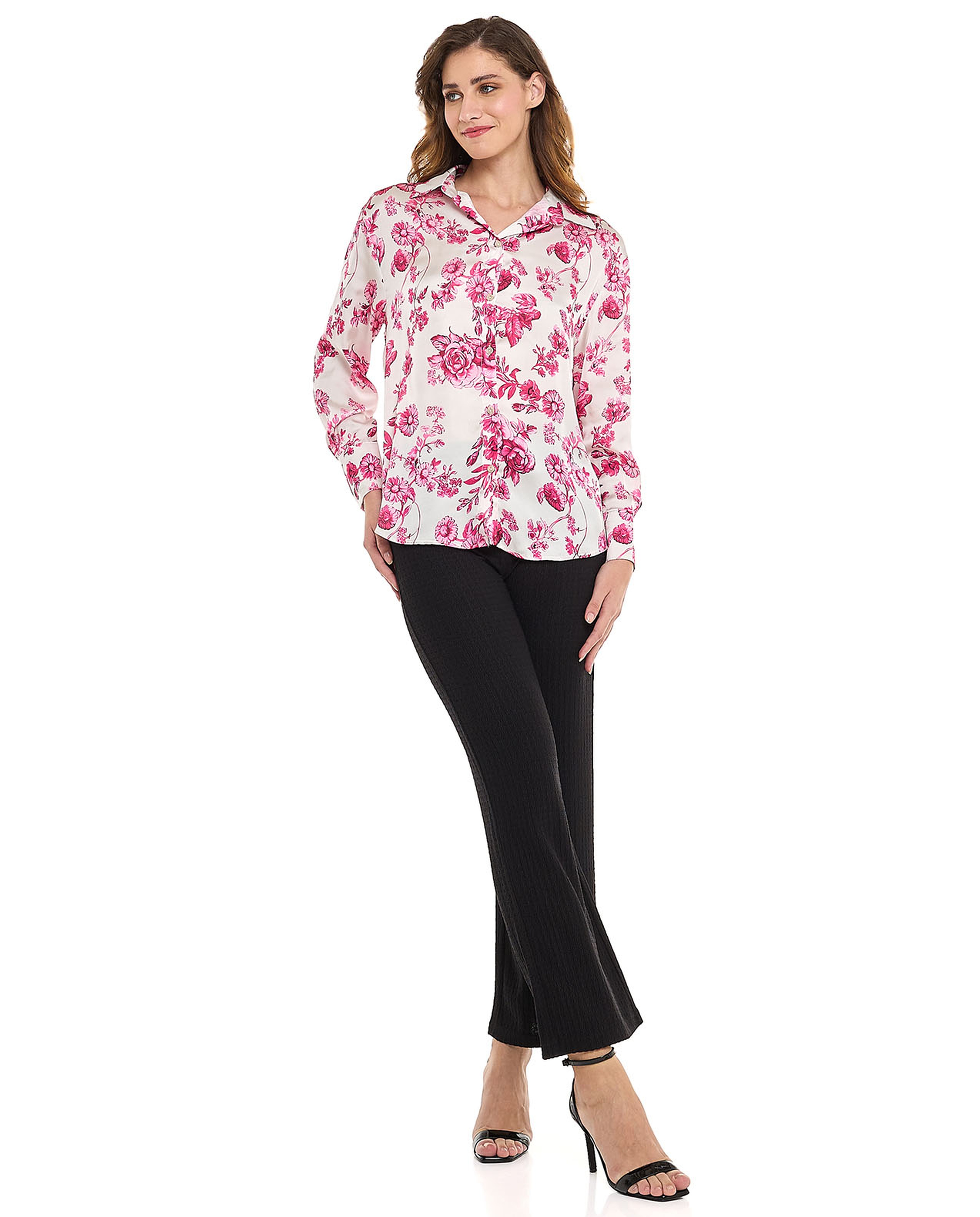 Floral Print Shirt with Spread Collar and Long Sleeves