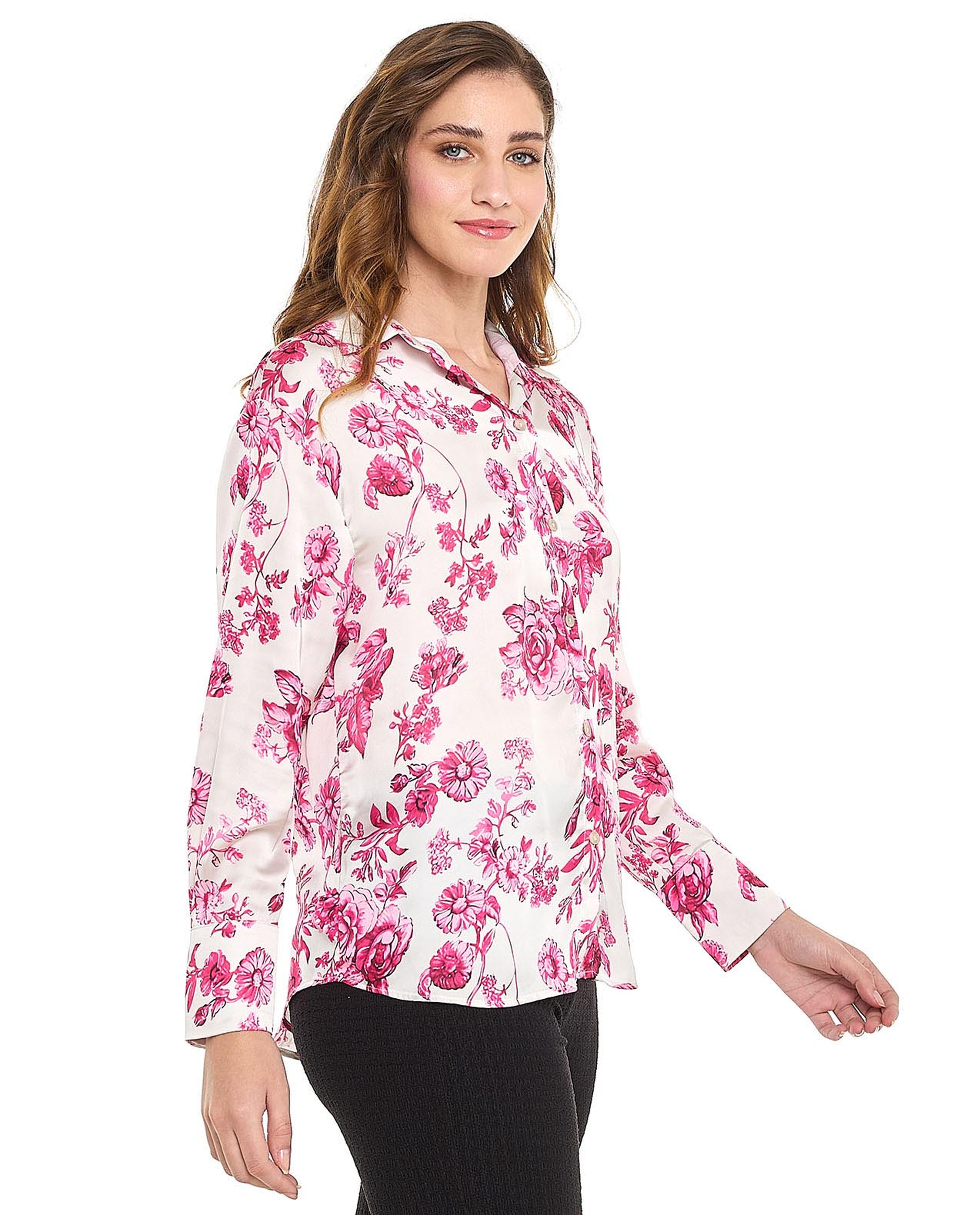 Floral Print Shirt with Spread Collar and Long Sleeves