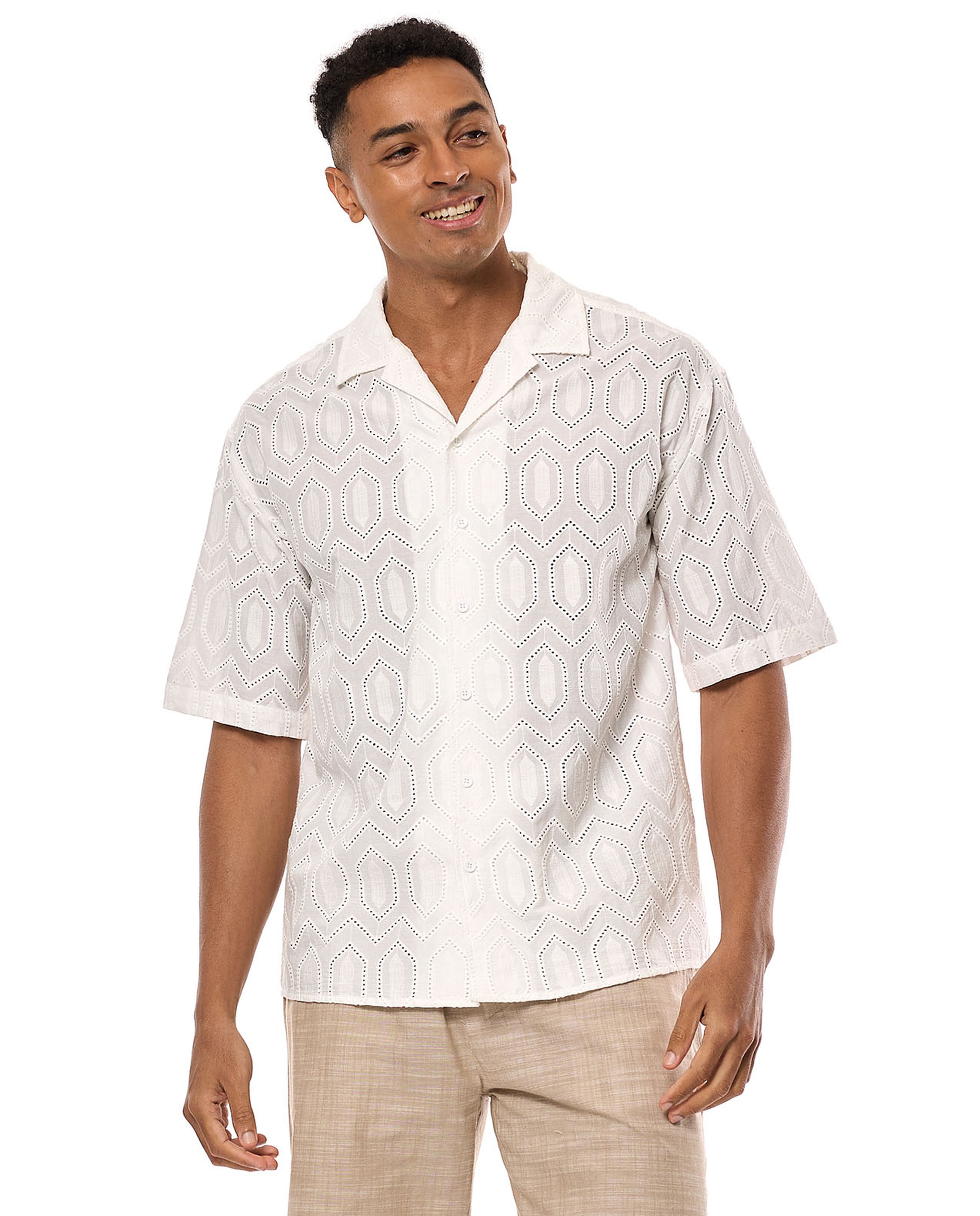 Openwork Shirt with Revere Collar and Short Sleeves