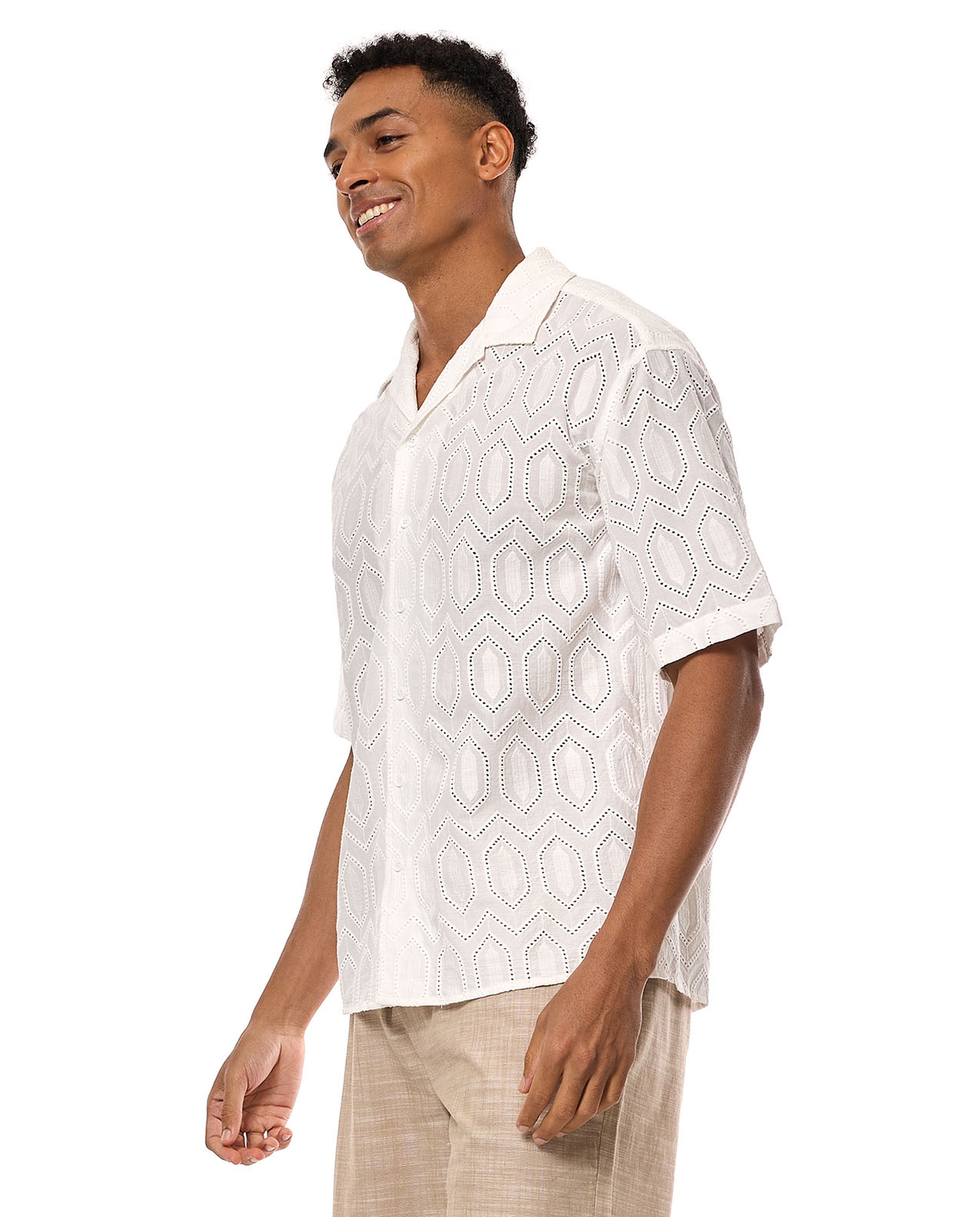 Openwork Shirt with Revere Collar and Short Sleeves