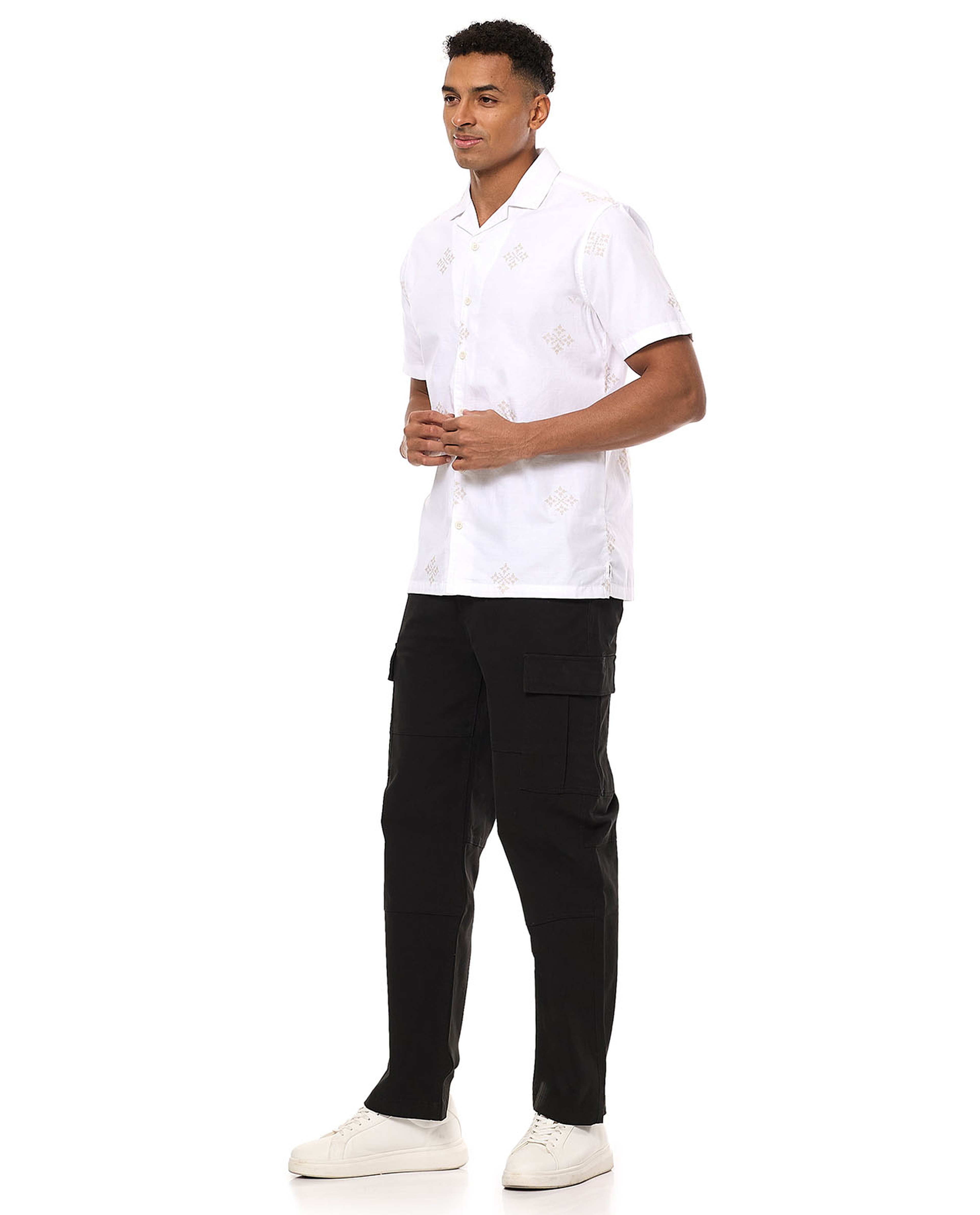 Printed Shirt with Revere Collar and Short Sleeves