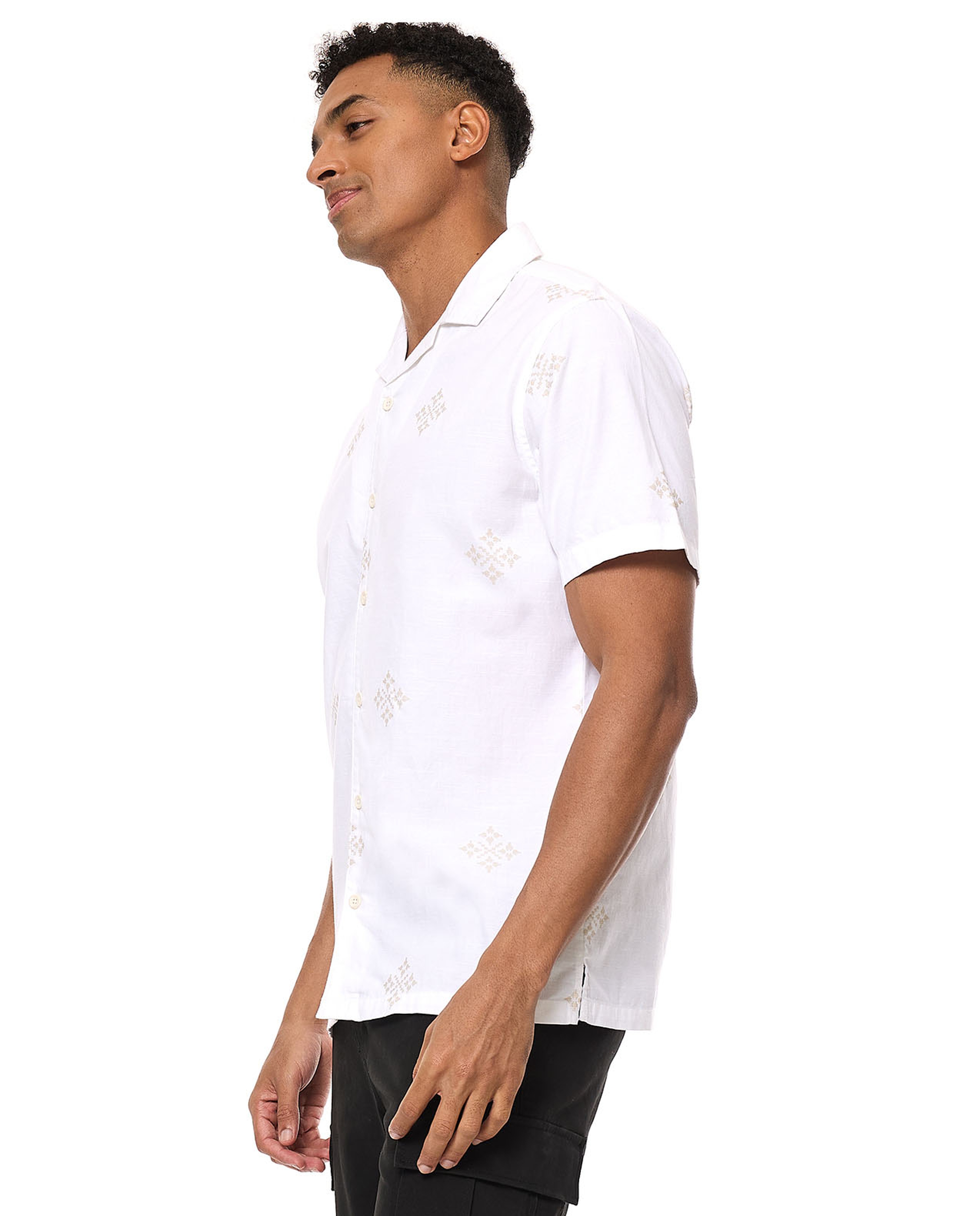 Printed Shirt with Revere Collar and Short Sleeves