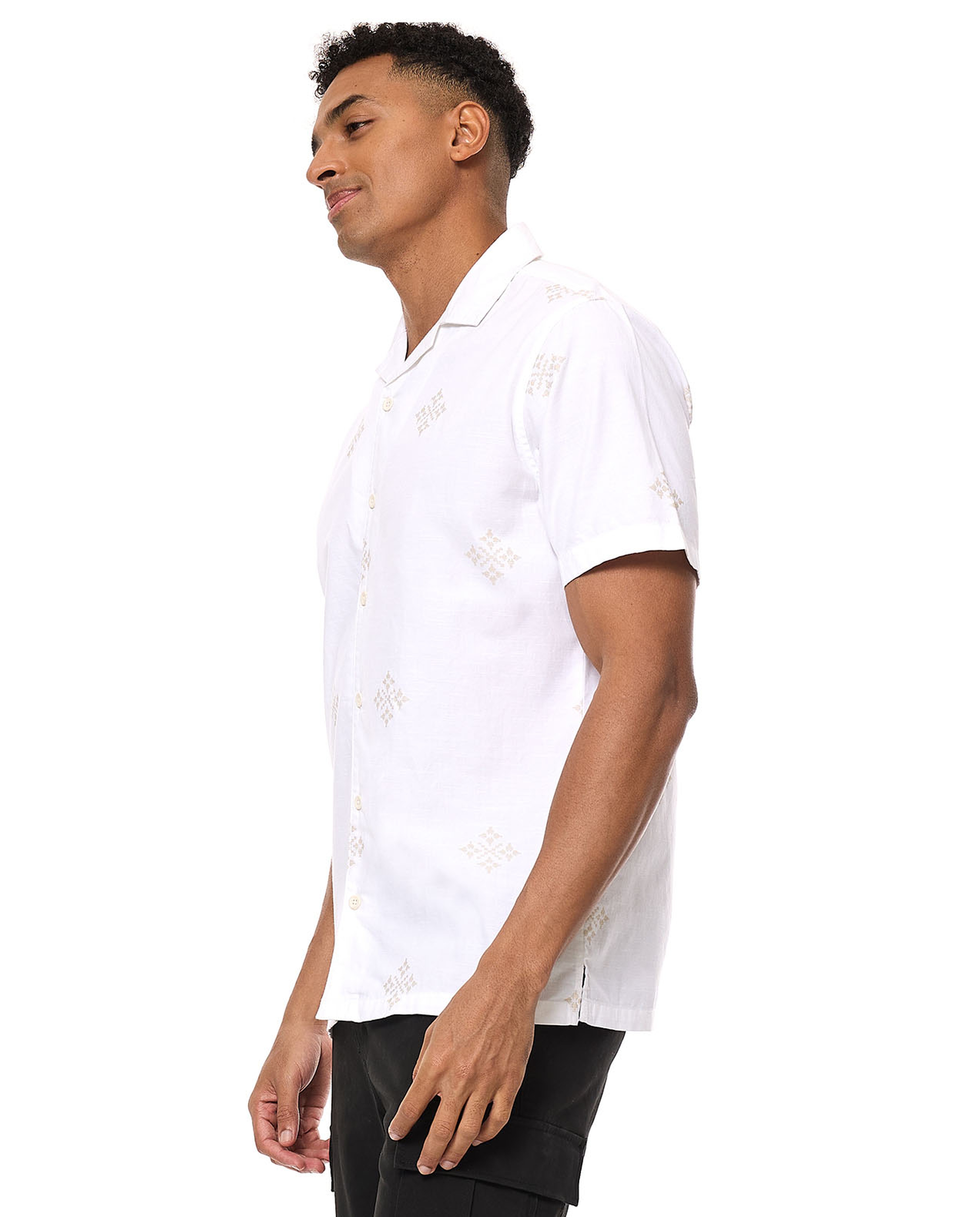 Printed Shirt with Revere Collar and Short Sleeves