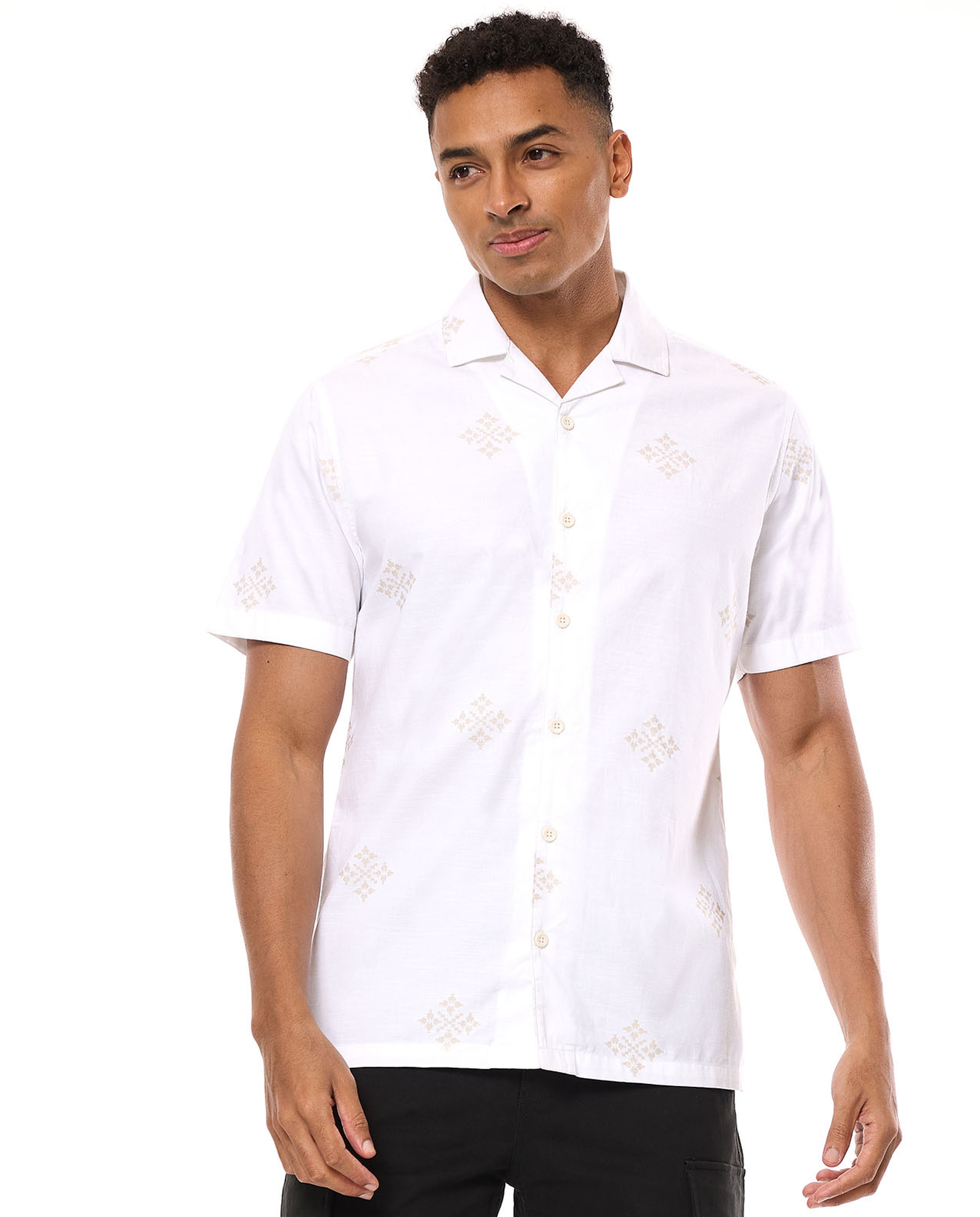 Printed Shirt with Revere Collar and Short Sleeves