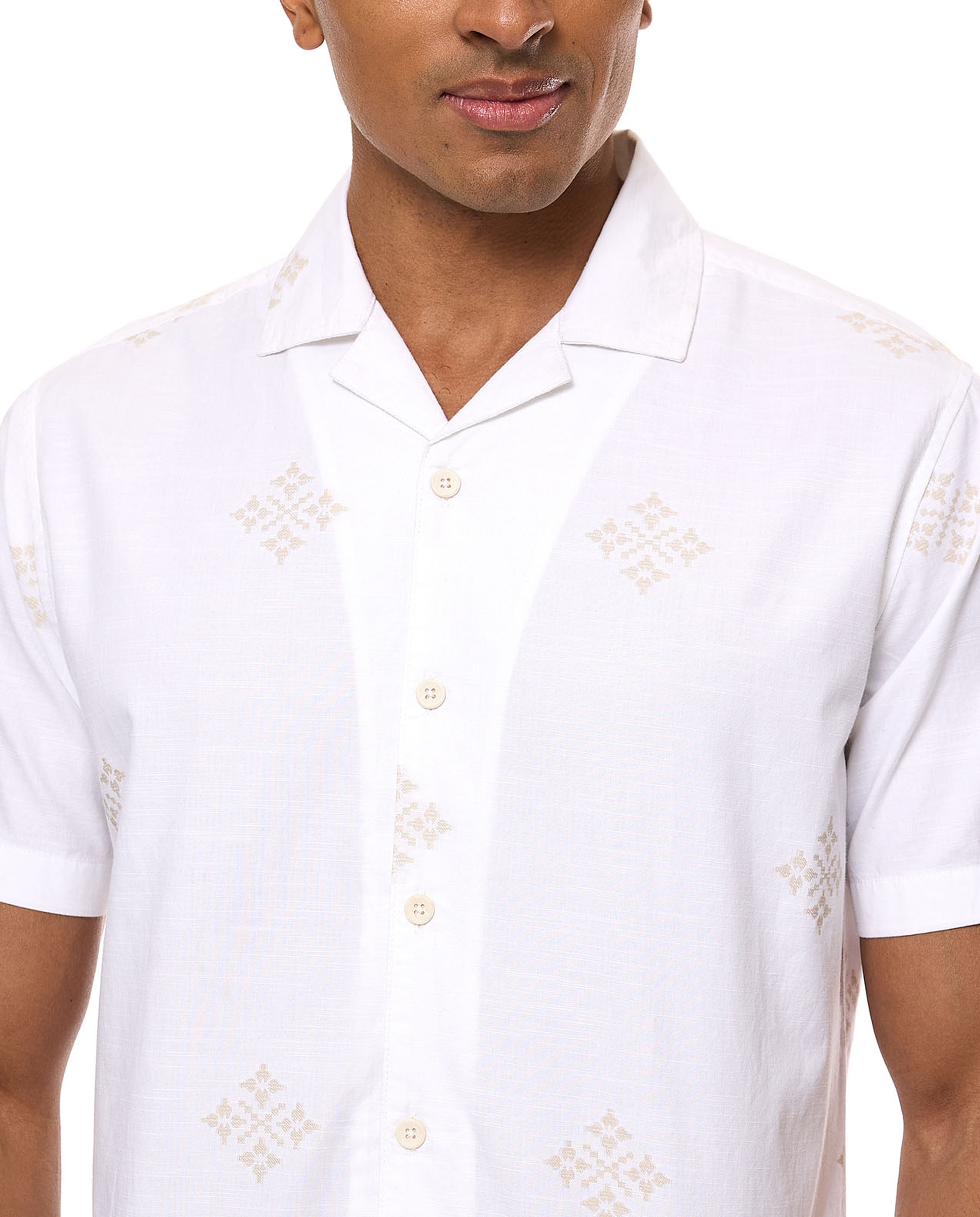 Printed Shirt with Revere Collar and Short Sleeves
